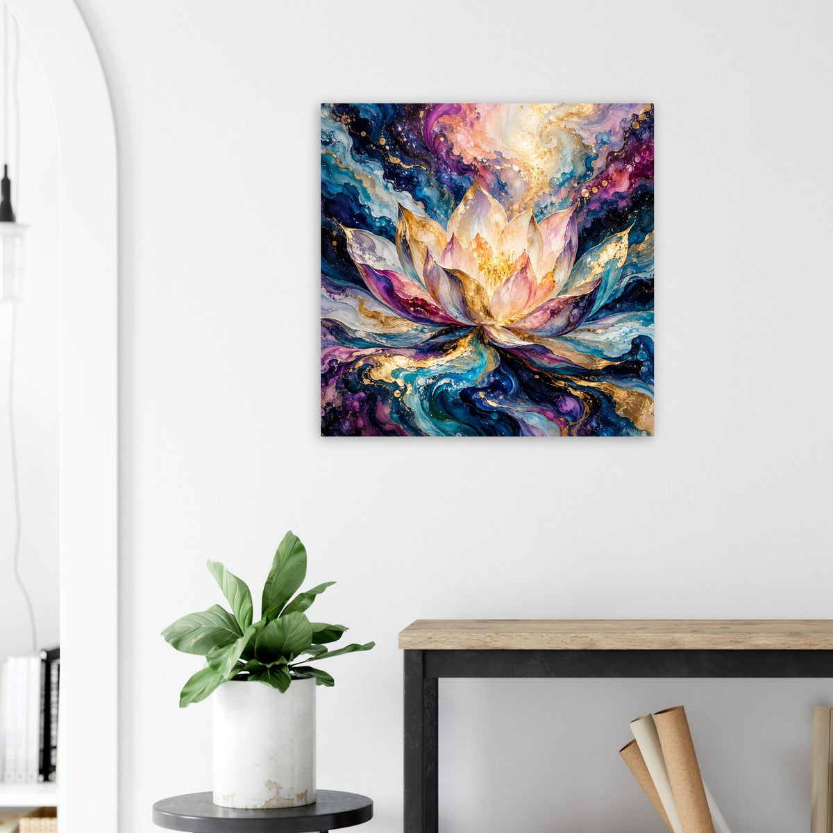 Quadratisches Blumenposter mit abstrakter Blüte, goldfarbenem Zentrum und kräftigen Blau-Lila-Tönen.