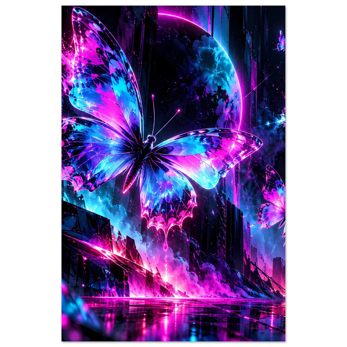 Neon-Schmetterlingsposter mit zentralem, blau-pink leuchtendem Flügelmotiv