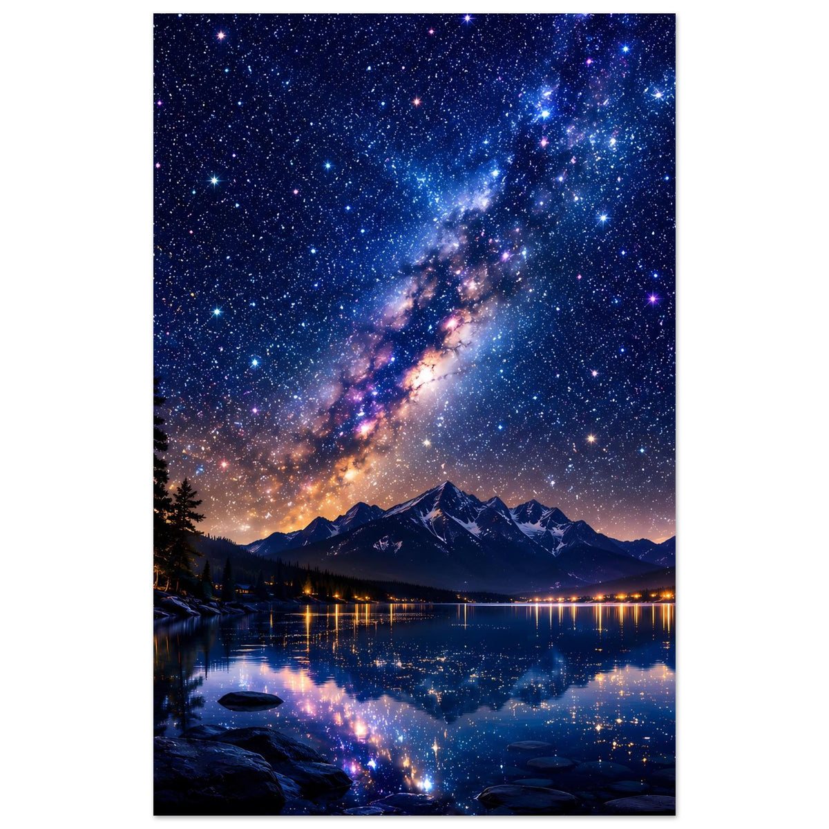 Poster im Hochformat: Sternenstreifen über Bergkette und ruhigem See