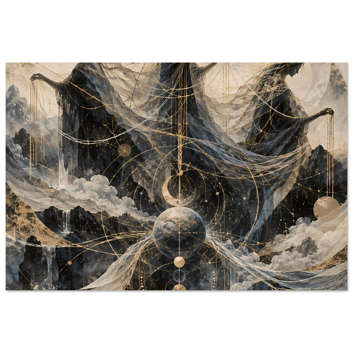 Horizontales Poster: dunkles Artwork mit goldenen Linien, Nebelwolken und Figuren
