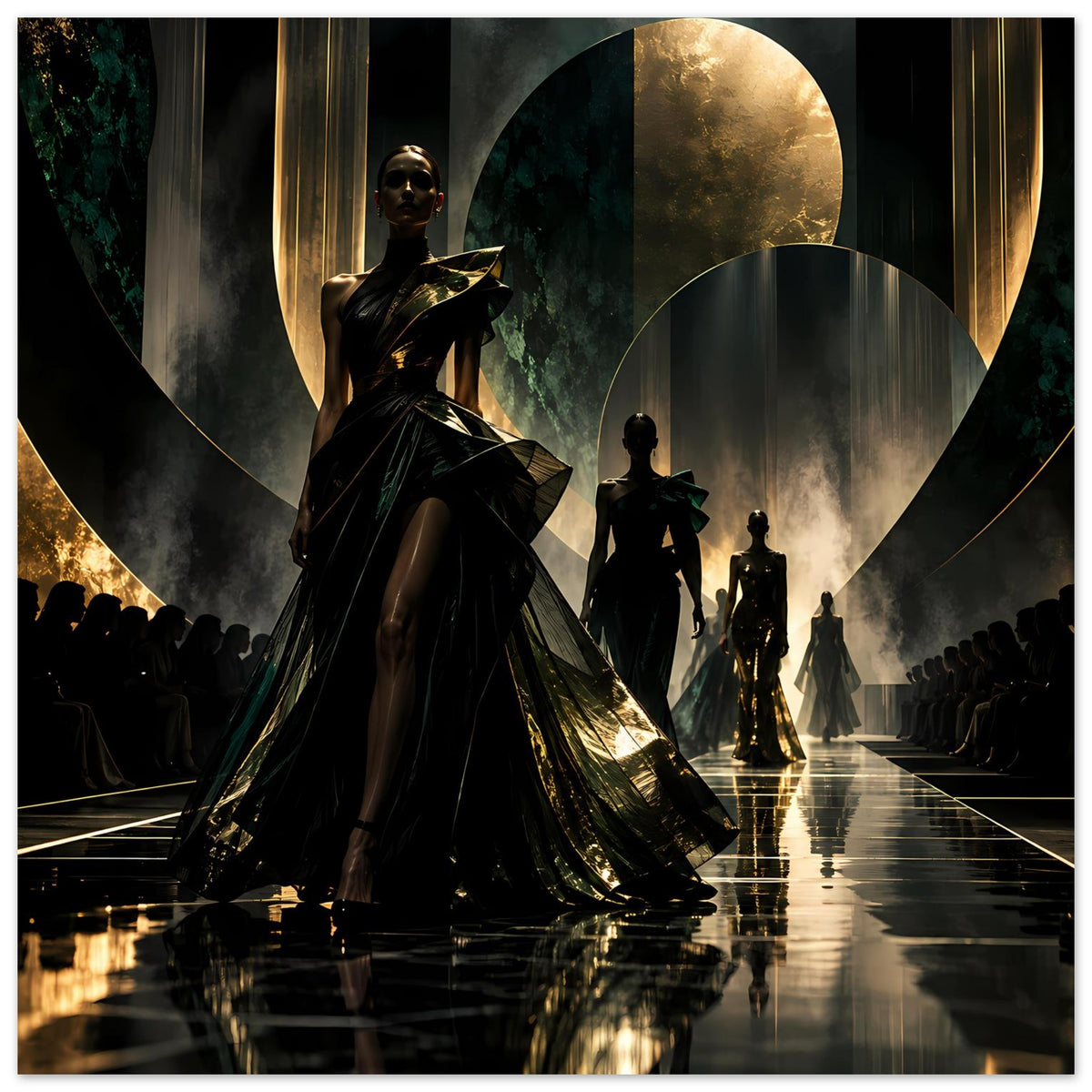 Luxuriöses Fashion-Runway-Poster mit schwarz-goldener Mode-Silhouette und edlem Bühnen-Look