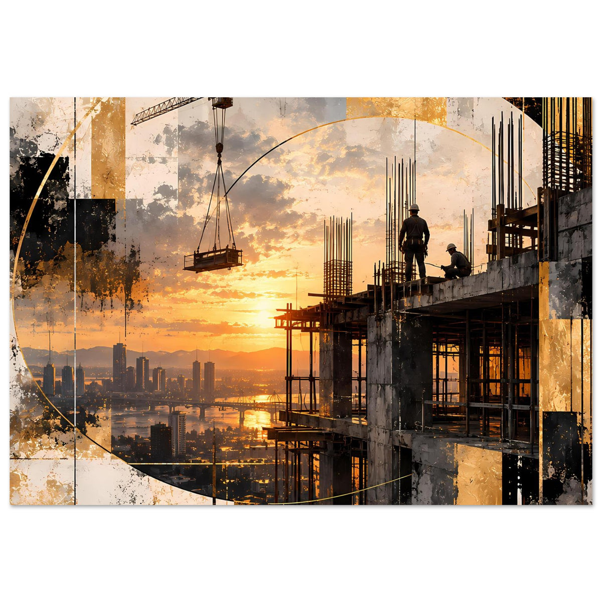 Abstraktes Baukunst-Poster mit Baustelle bei Sonnenuntergang, Kranen und Wolkenhimmel