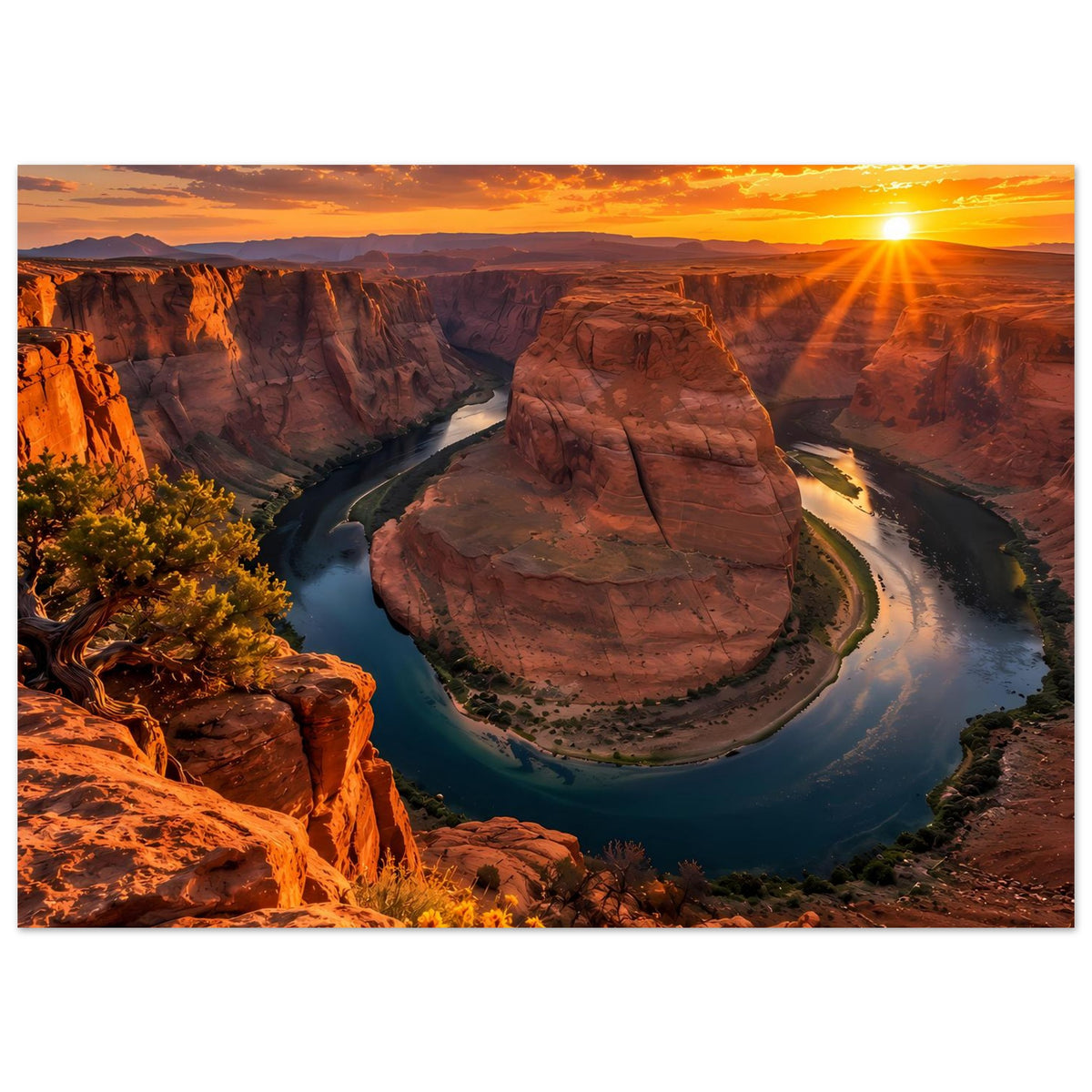 Wandposter im Querformat: Canyon mit Fluss, Felsinsel und goldener Abendsonne