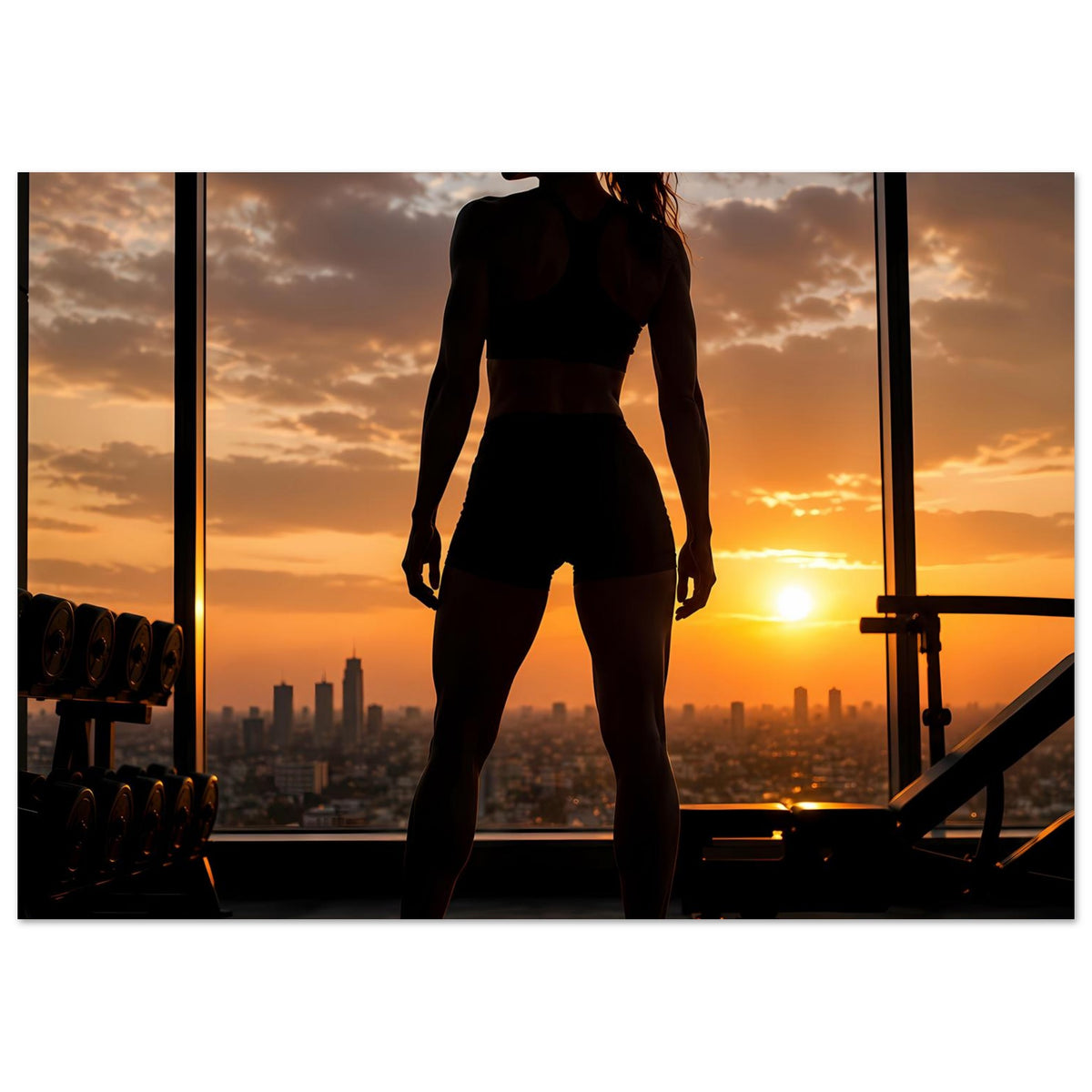 Fitness-Poster mit Silhouette einer Sportlerin vor Sonnenuntergang über Stadt und Trainingsgeräten