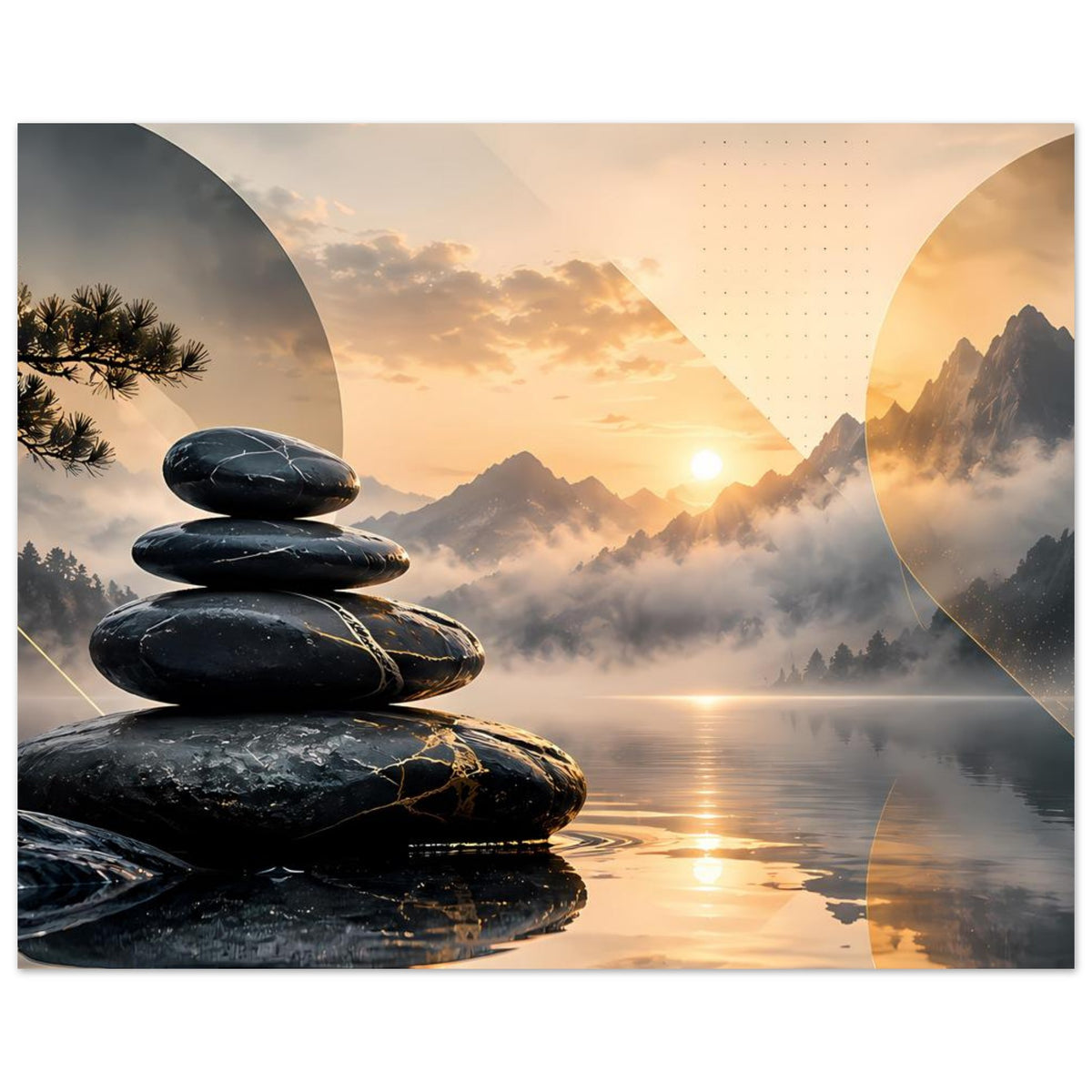 Zen-Kunstposter, Panorama: Stapel dunkler Steine vorne, Sonnenaufgang, Berge und Wasserreflexe