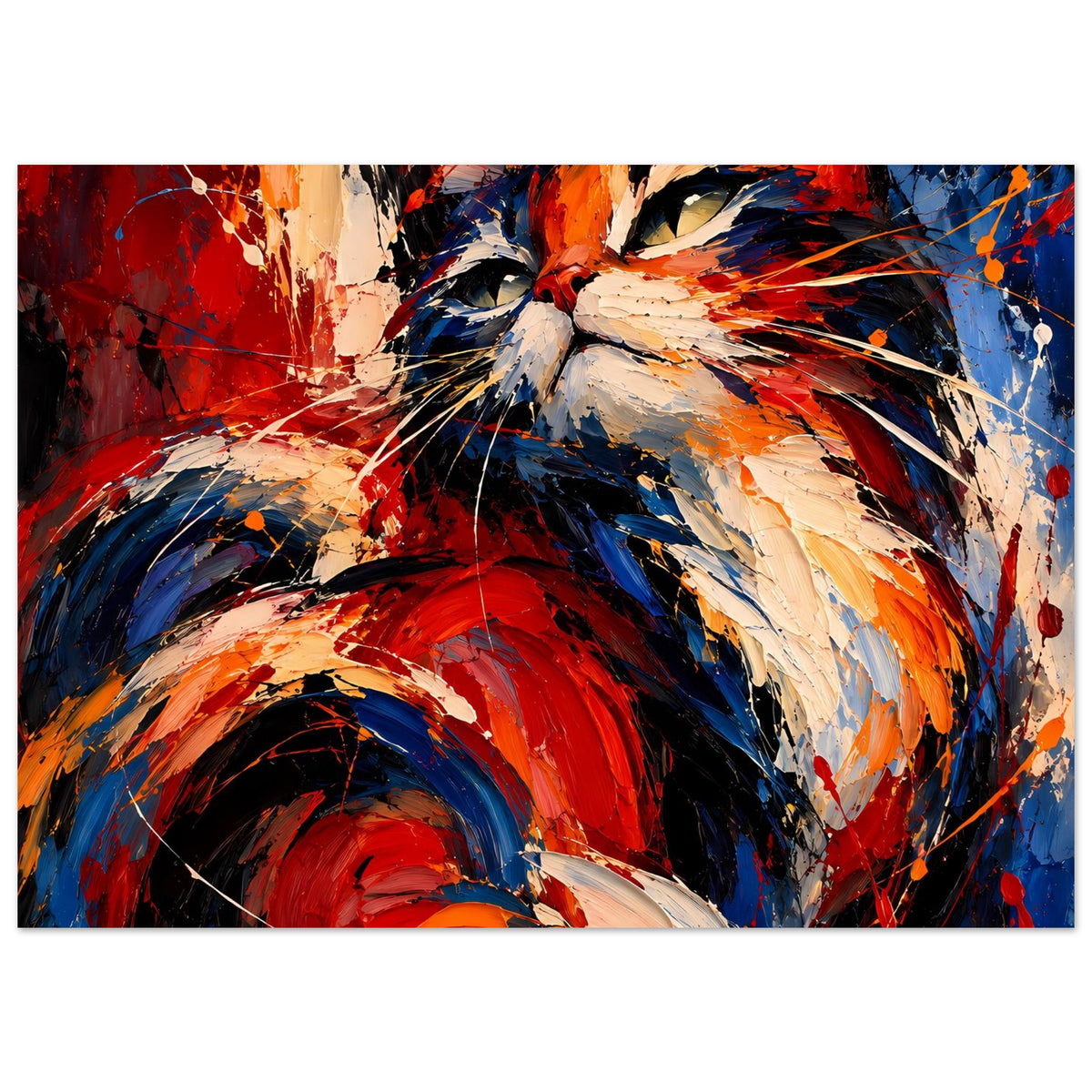 Querformat-Poster mit abstrakter Katze, Pinselspuren in Rot, Blau, Orange und Weiß