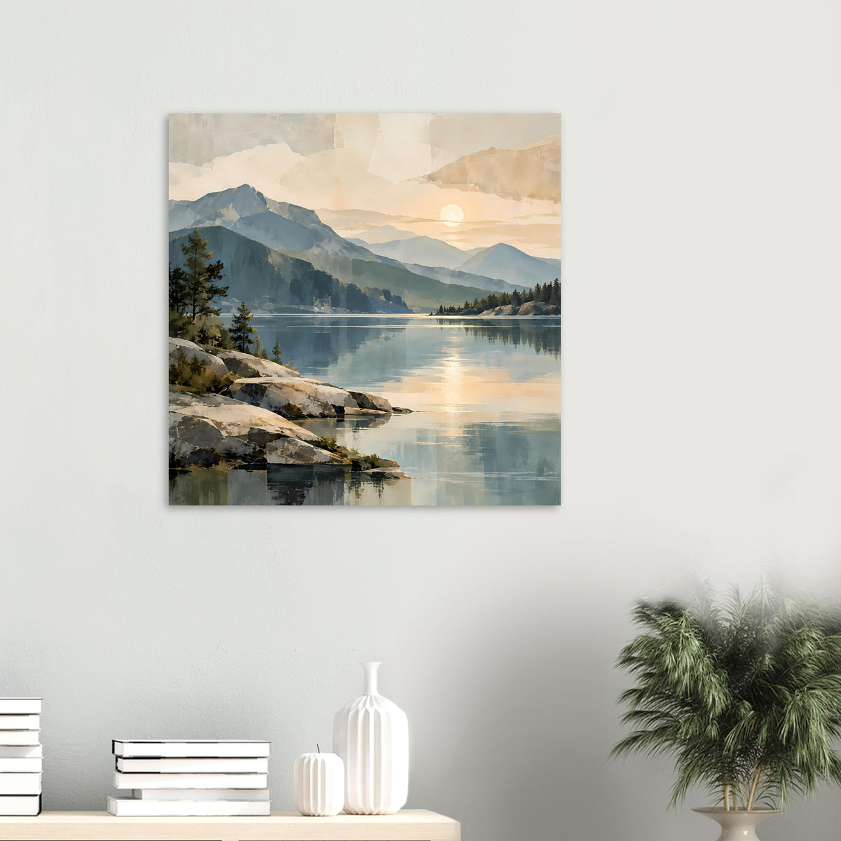 Poster im Querformat, klein: See bei Sonnenaufgang mit Bergpanorama und Uferfelsen