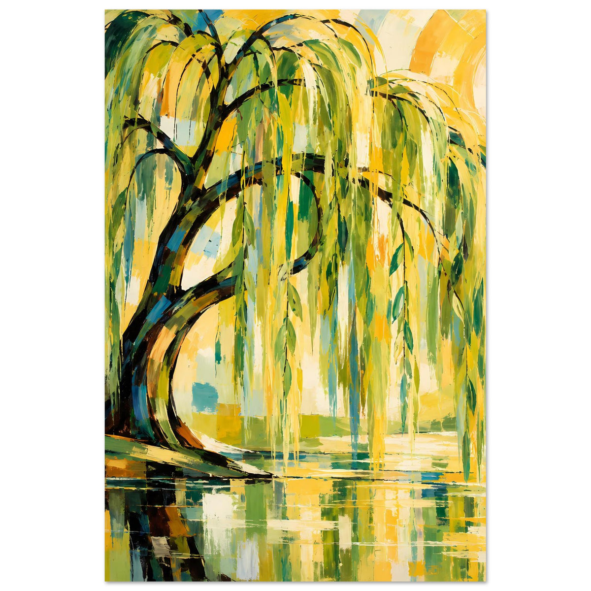 Poster mit Weidenbaum über ruhigem Wasser, abstrakte Pinselstriche in Grün und Gelb