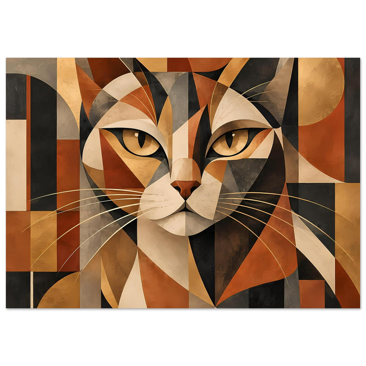 Geometrisches Katzenporträt-Poster mit warmen Erdtönen, stylisierte Augen und Schnurrhaare