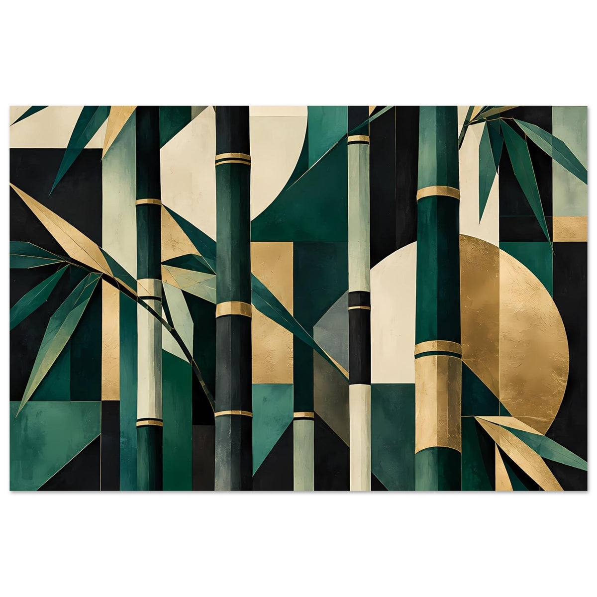 Naturposter mit abstrakten Bambusstäben und Blättern in Smaragdgrün, Schwarz, Creme und Gold, querformatig