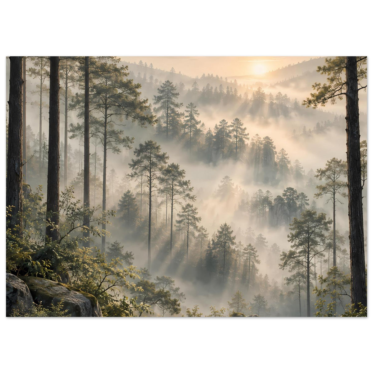Waldlandschafts-Poster mit Sonnenaufgang über dem Nebelwald und dunklen Baumstämmen