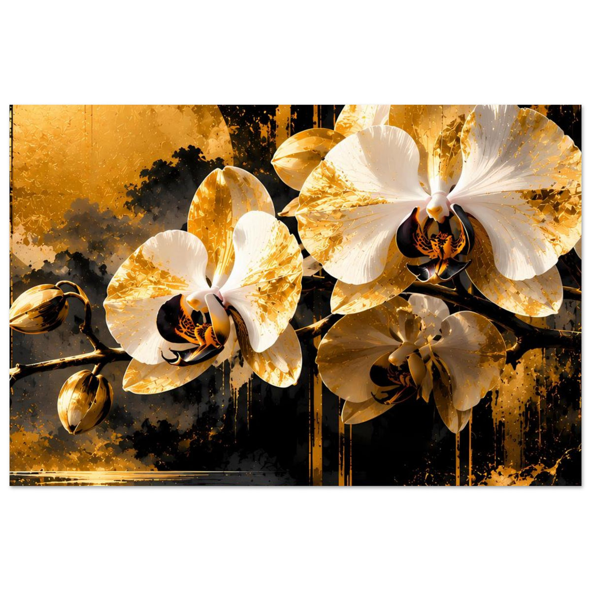 Blumenposter mit mehreren goldenen und weißen Orchideenblüten, dunklem Design mit goldenen Akzenten