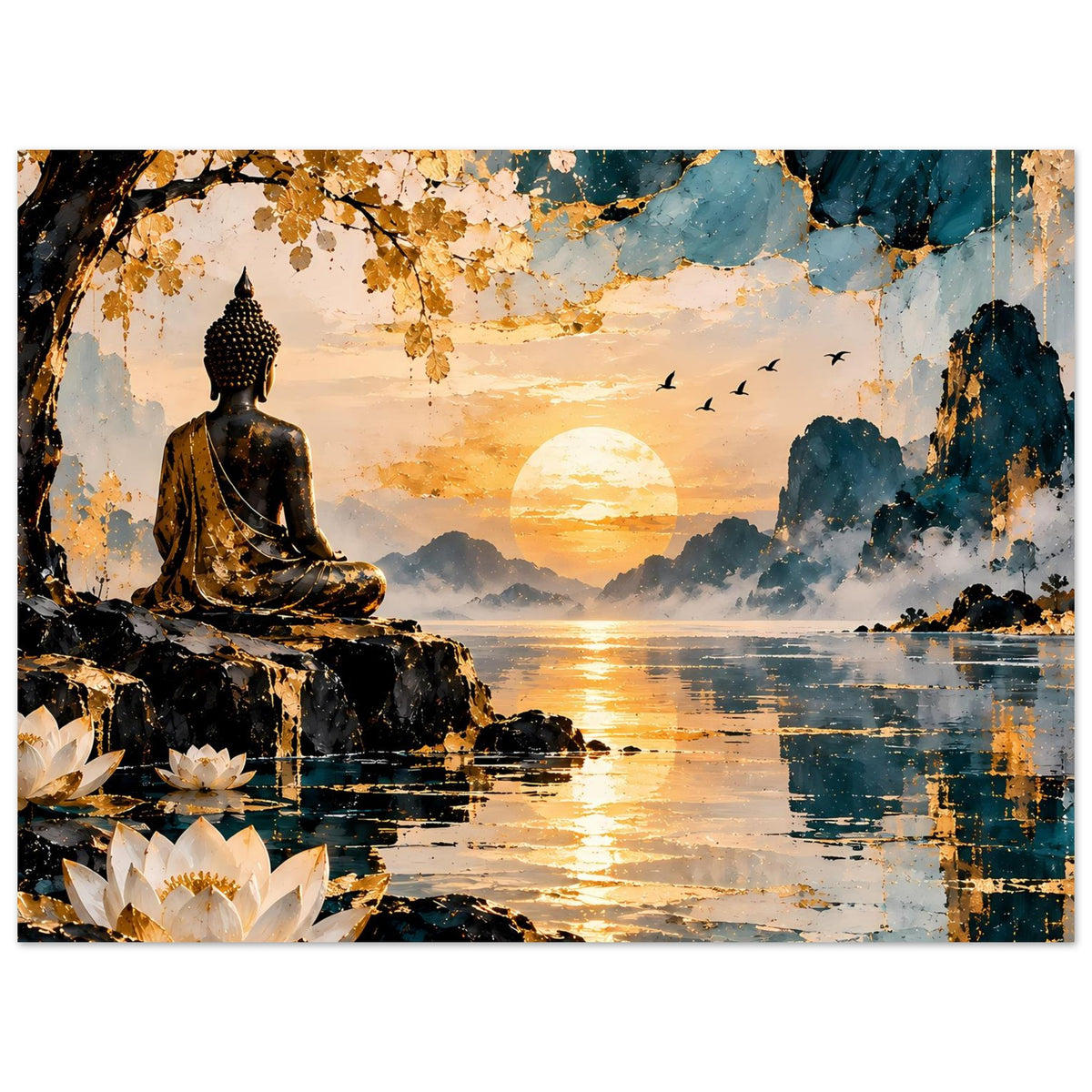 Gedrucktes Zen-Poster mit sitzendem Buddha, Lotusteich und Sonnenuntergang im Gold-Blau
