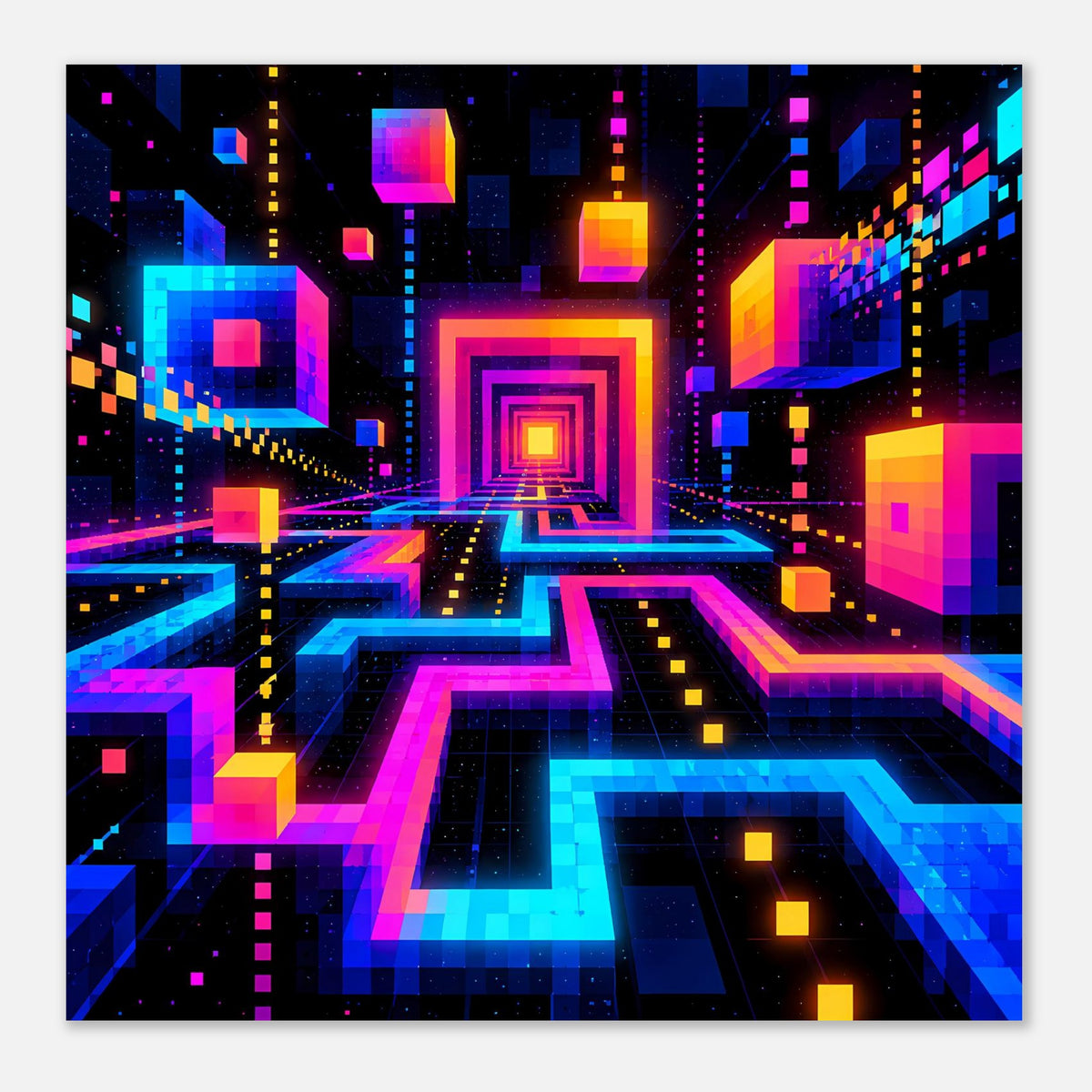 Geometrisches Neon-Labyrinth-Poster mit leuchtenden Farbwänden und futuristischer Perspektive