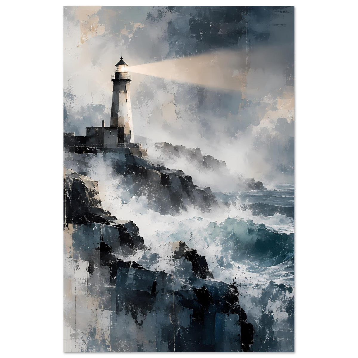 Vertikales Maritimes Poster mit Leuchtturm, felsige Küste und schäumende Wellen in Blau
