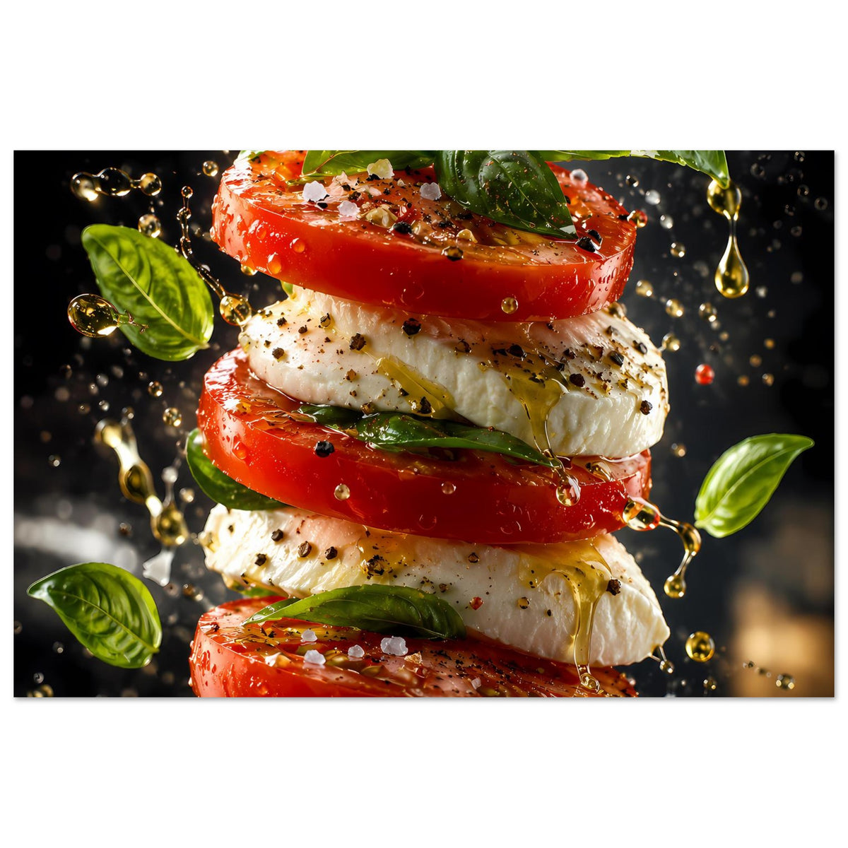 Küchenposter mit gestapelten Tomaten, Mozzarella und Basilikumblättern, würziges Topping