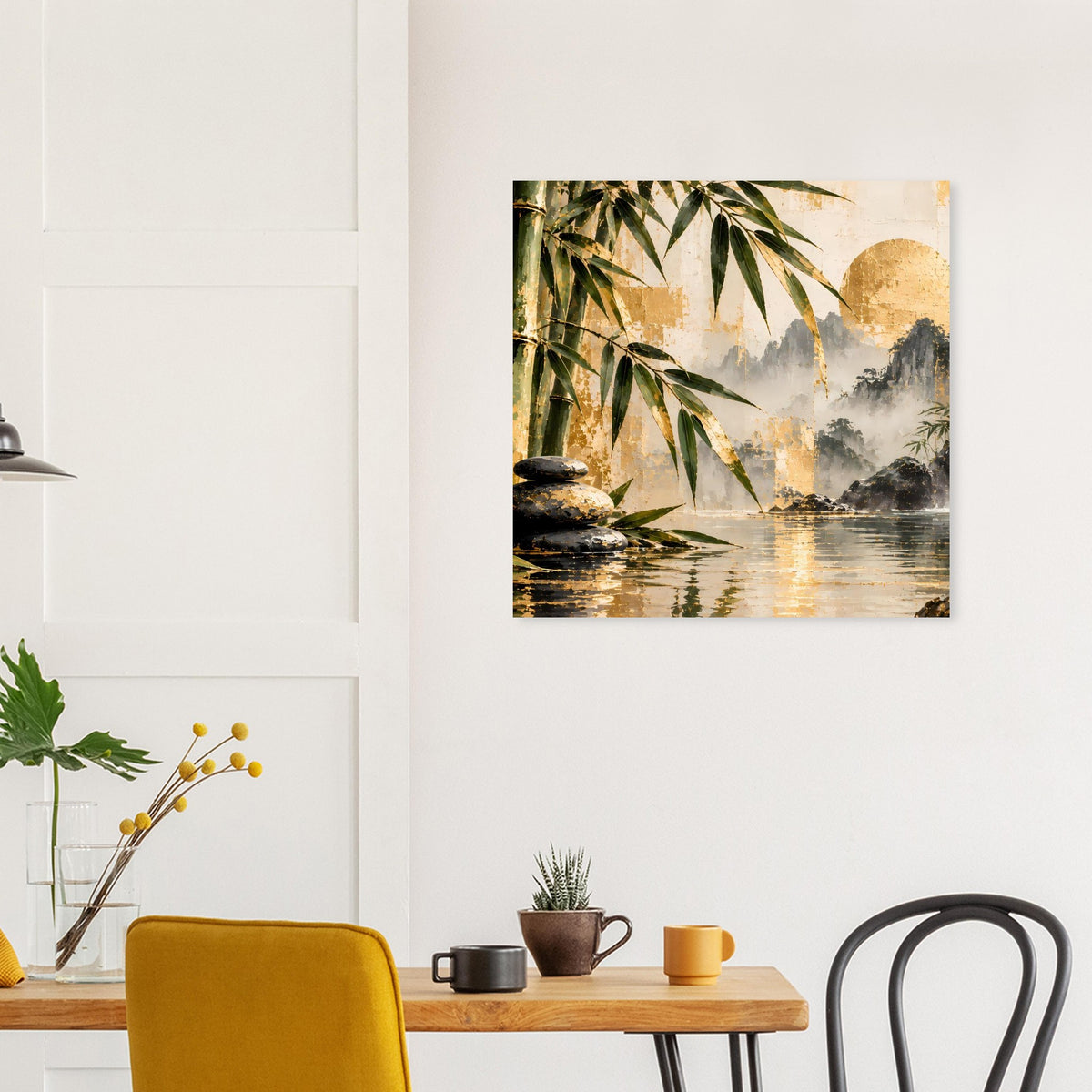 Quadratisches Poster mit Bambus und Wasserfall, goldener Sonne im Hintergrund und Steinen am Ufer