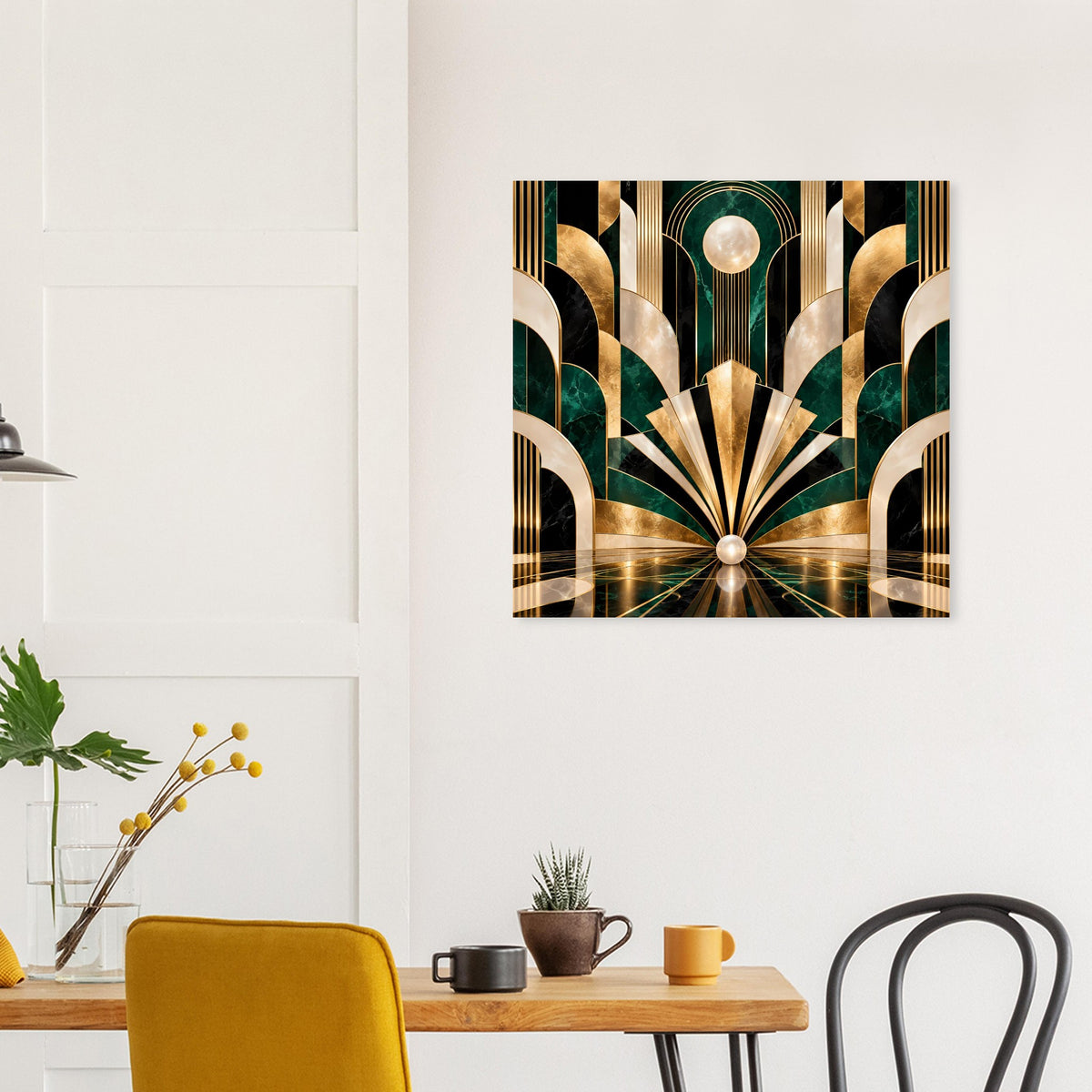 Art-Déco-Poster mit goldenen und smaragdgrünen geometrischen Formen