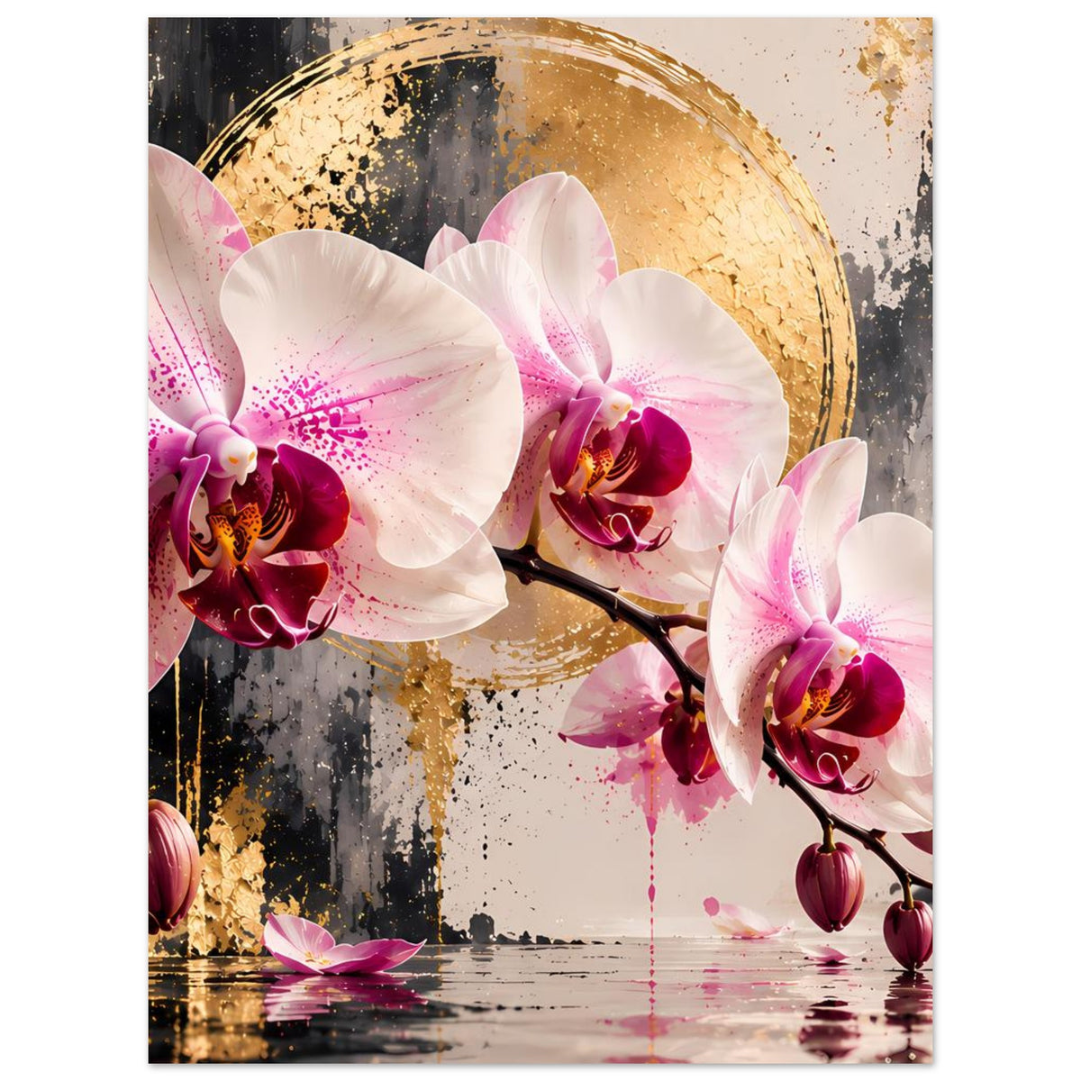 Orchideen-Poster: weiße Orchideen mit pinkem Sprenkel und violetten Blüten auf goldener Fläche