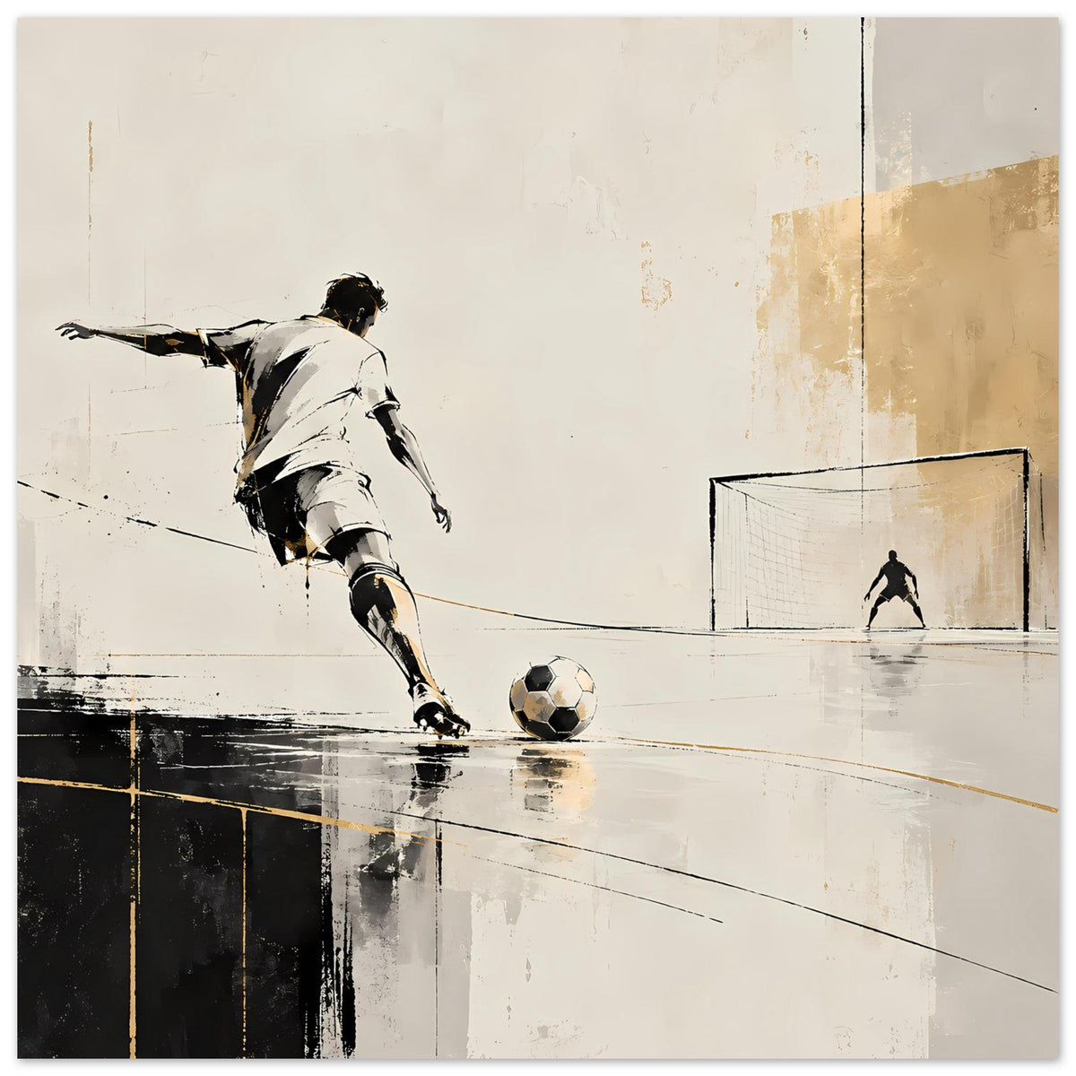 Fußballposter mit Spieler in Weiß, Ball am Boden, Tor und Gegenfigur im Hintergrund