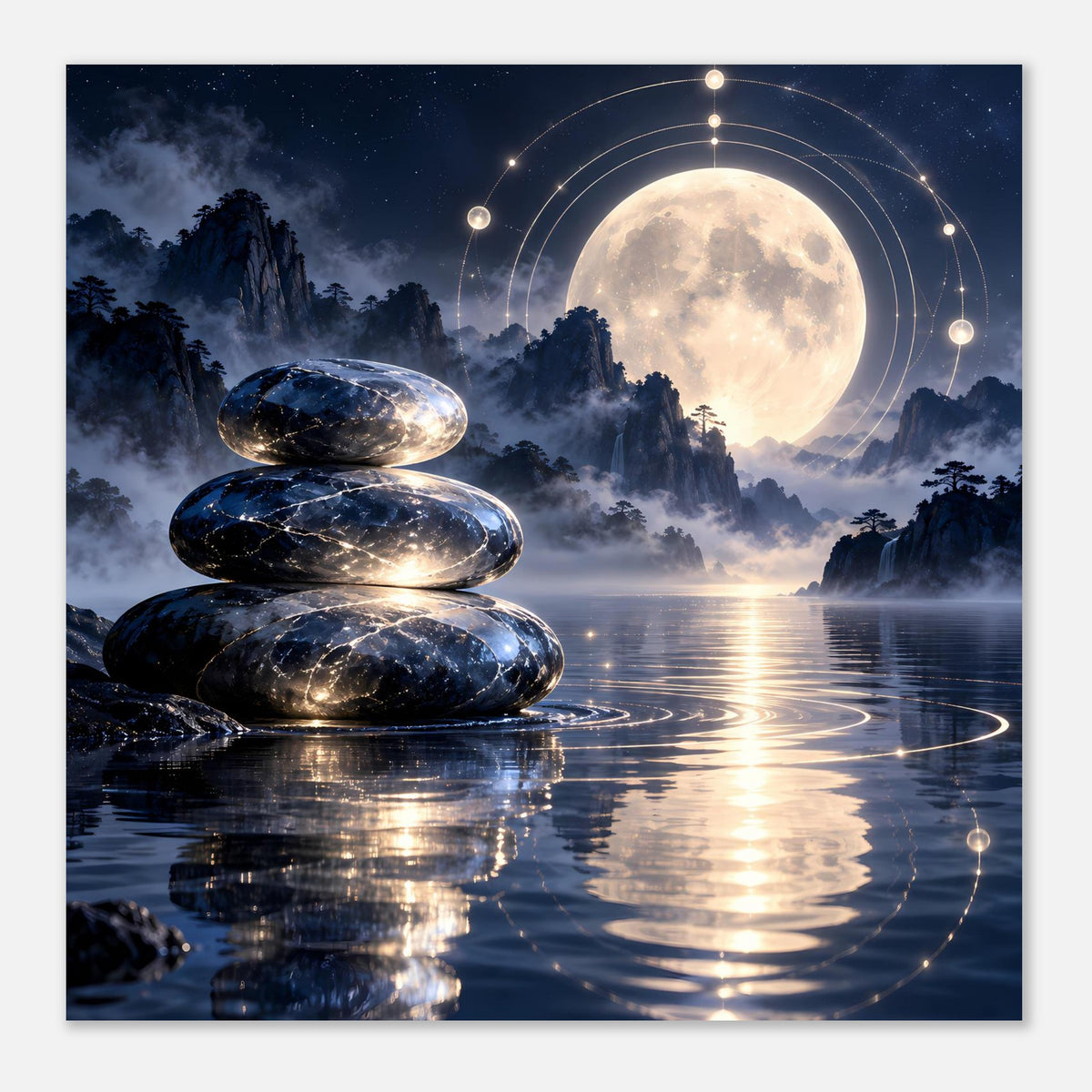 Quadrat-Poster mit Meditationssteinen, Vollmond und leuchtenden Kreisen über Wasser