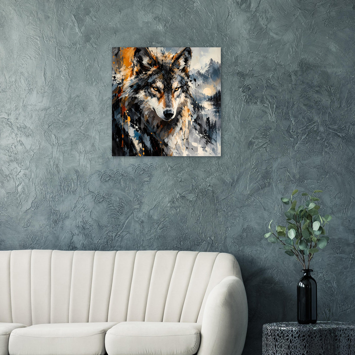 Abstraktes Wolf-Kunstposter mit silbrig-grauer Mähne und orangefarbenen Akzenten