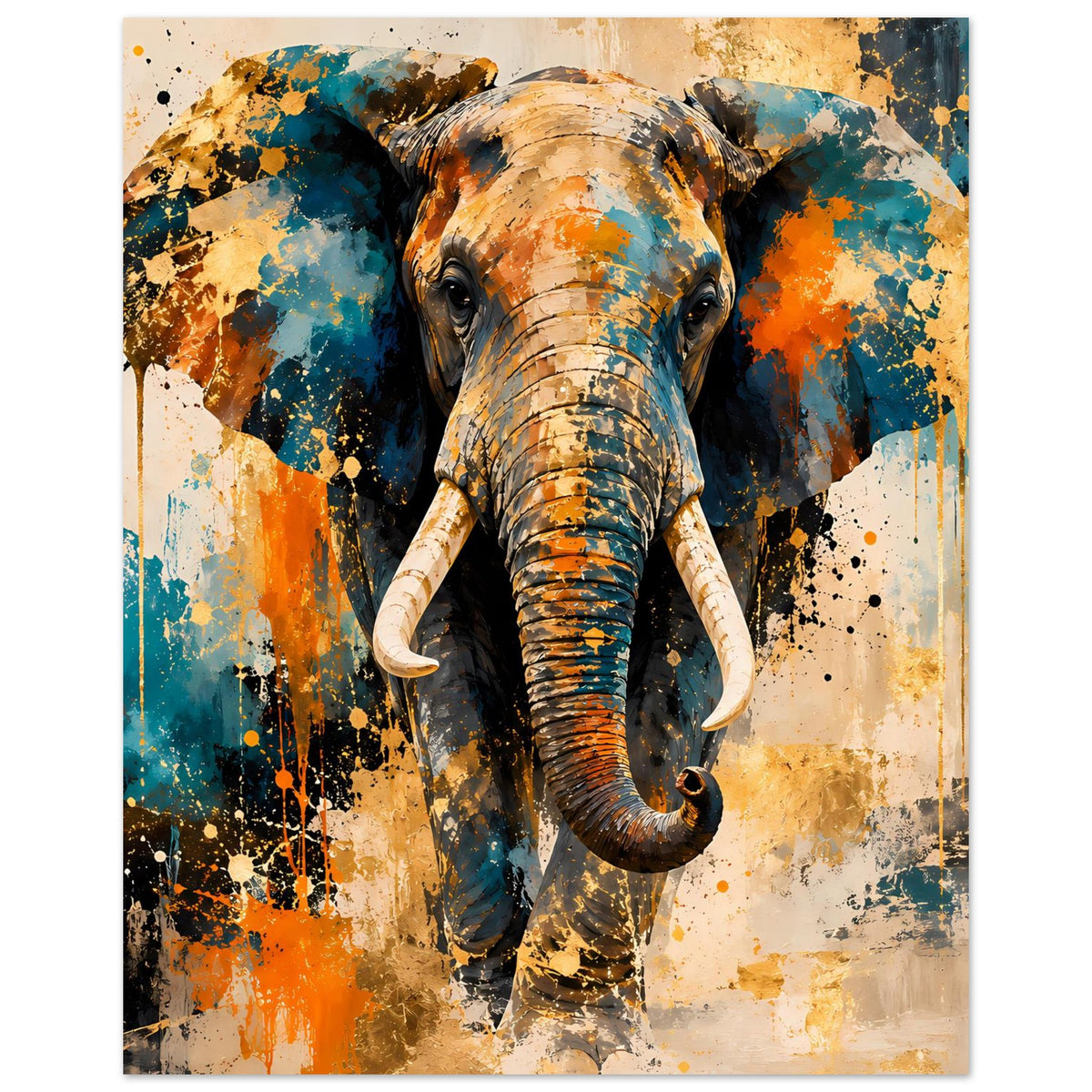 Elefanten-Poster im Hochformat mit abstraktem Spritzdekor in Blau, Orange und Beige