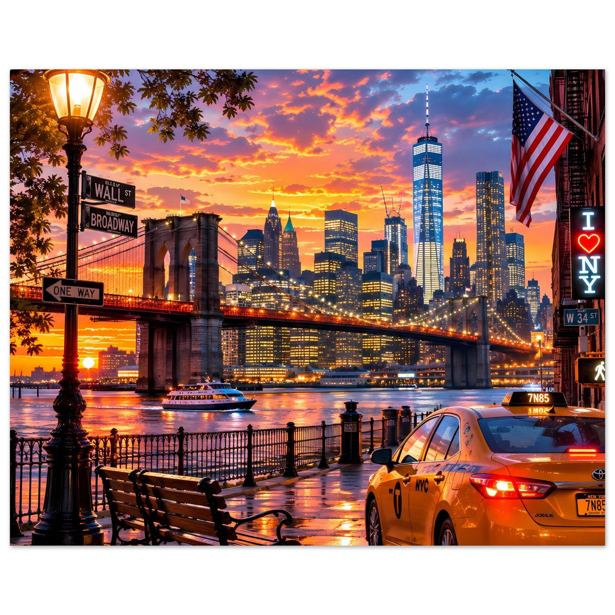 Poster mit Sonnenuntergang, New-York-Skyline, gelbem Taxi und Ufergeländer