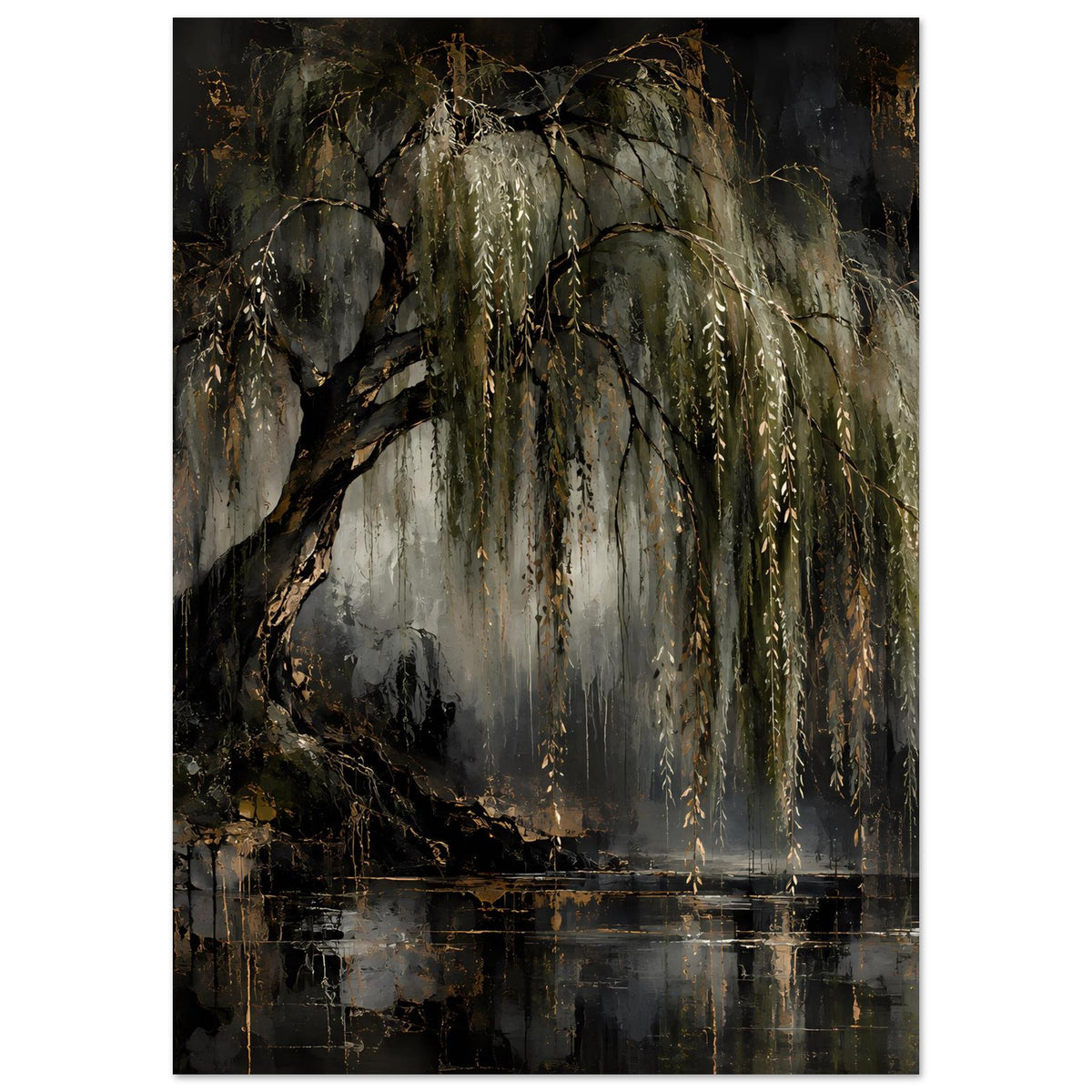 Naturposter mit Trauerweide und hängenden Ästen, goldene Lichtpunkte im Hintergrund