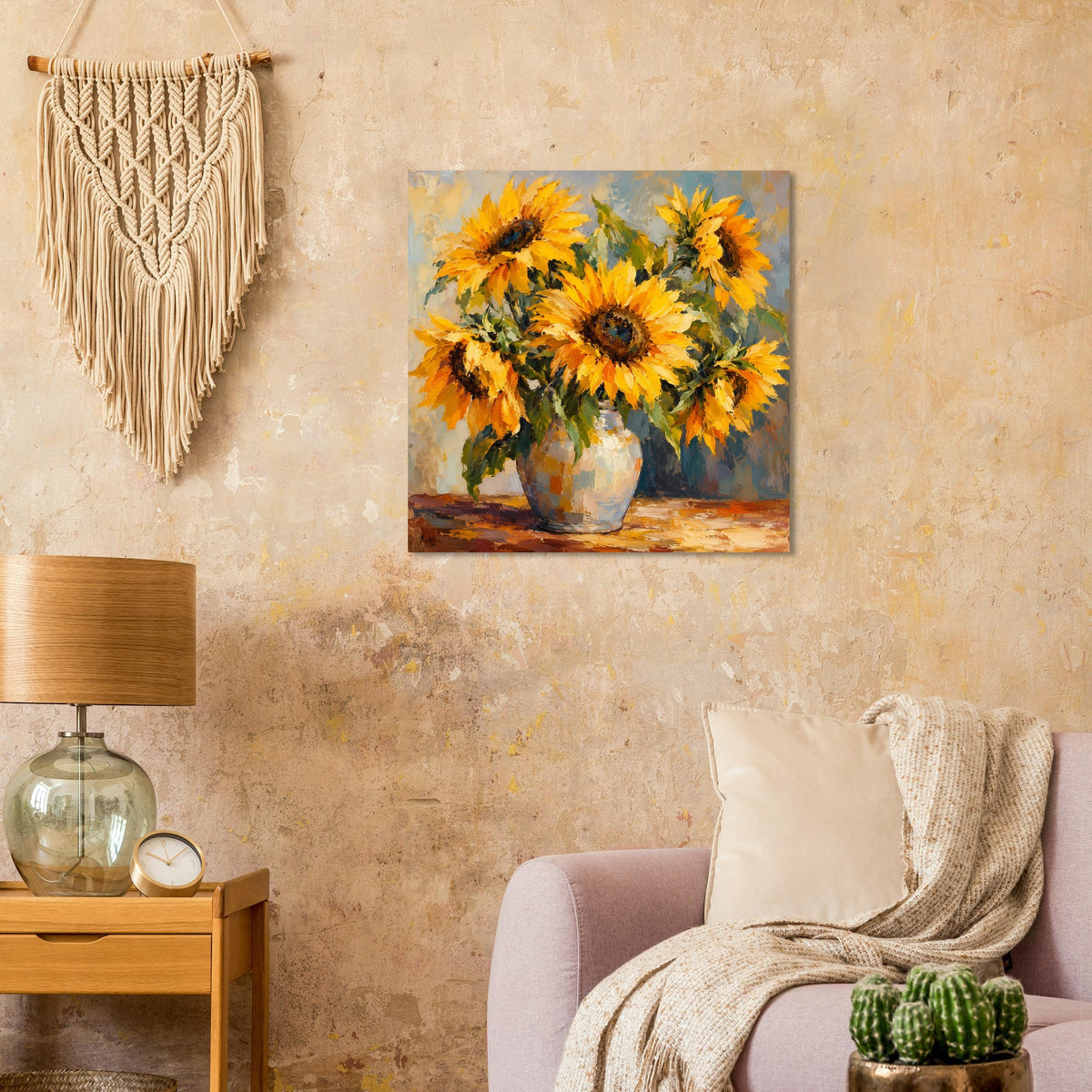 Still-Life-Poster mit gelben Sonnenblumen in blauer Vase, auf mattem Premiumpapier