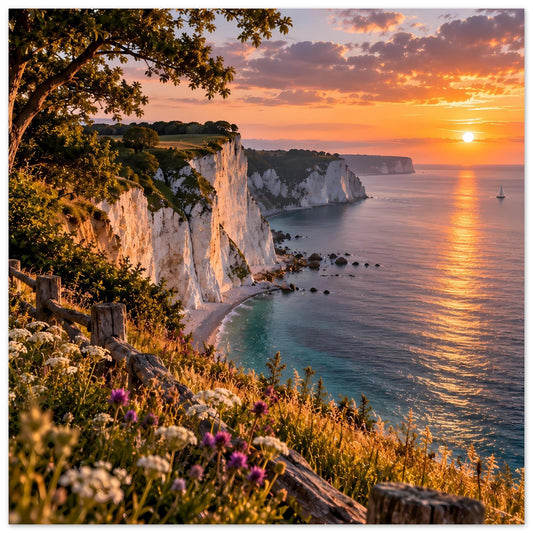Poster mit Kreidefelsen an der Küste, Blumenwiese im Vordergrund und Sonnenuntergang über dem Meer