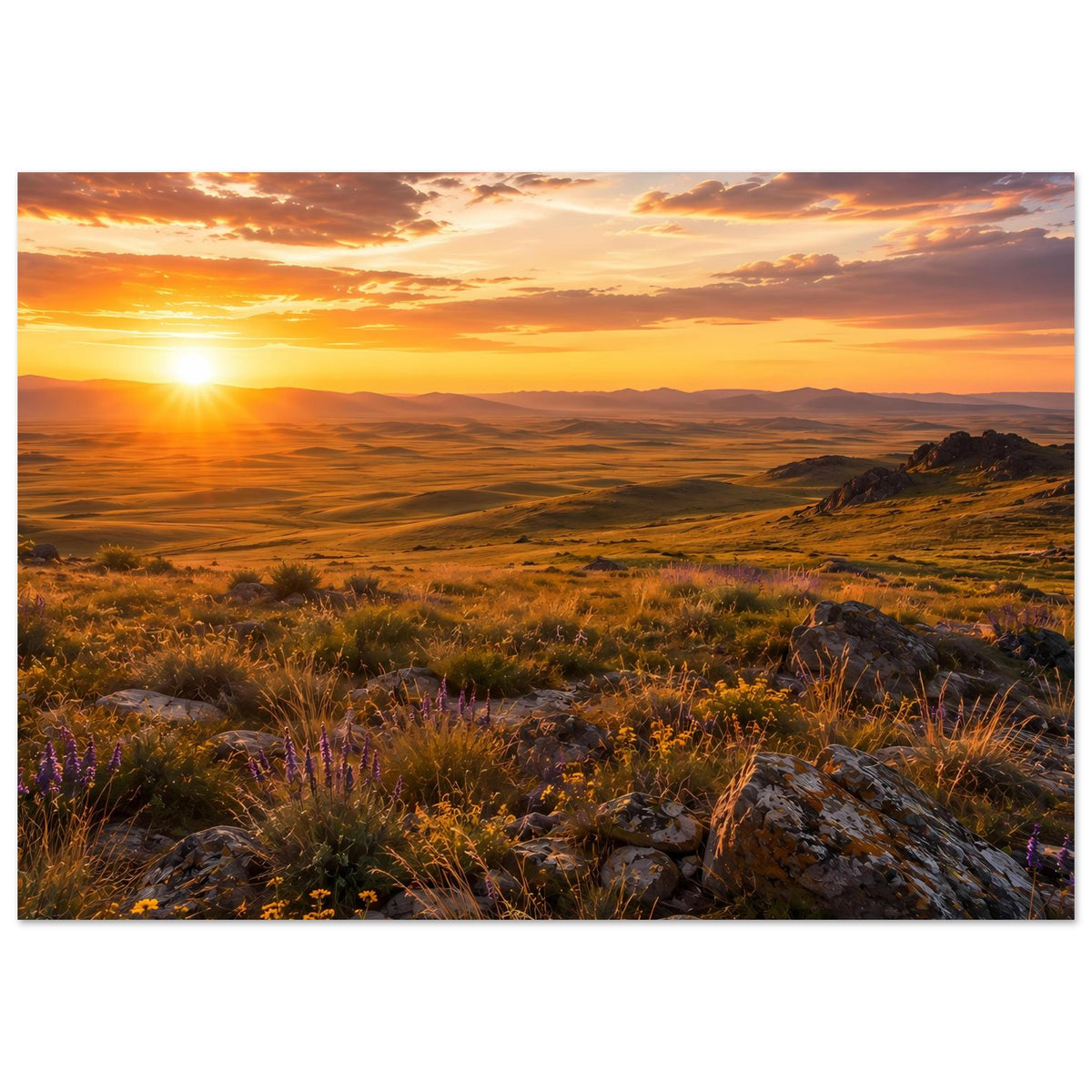 Naturposter mit goldenem Sonnenuntergang, weiten Landschaft mit Hügeln und Felsen