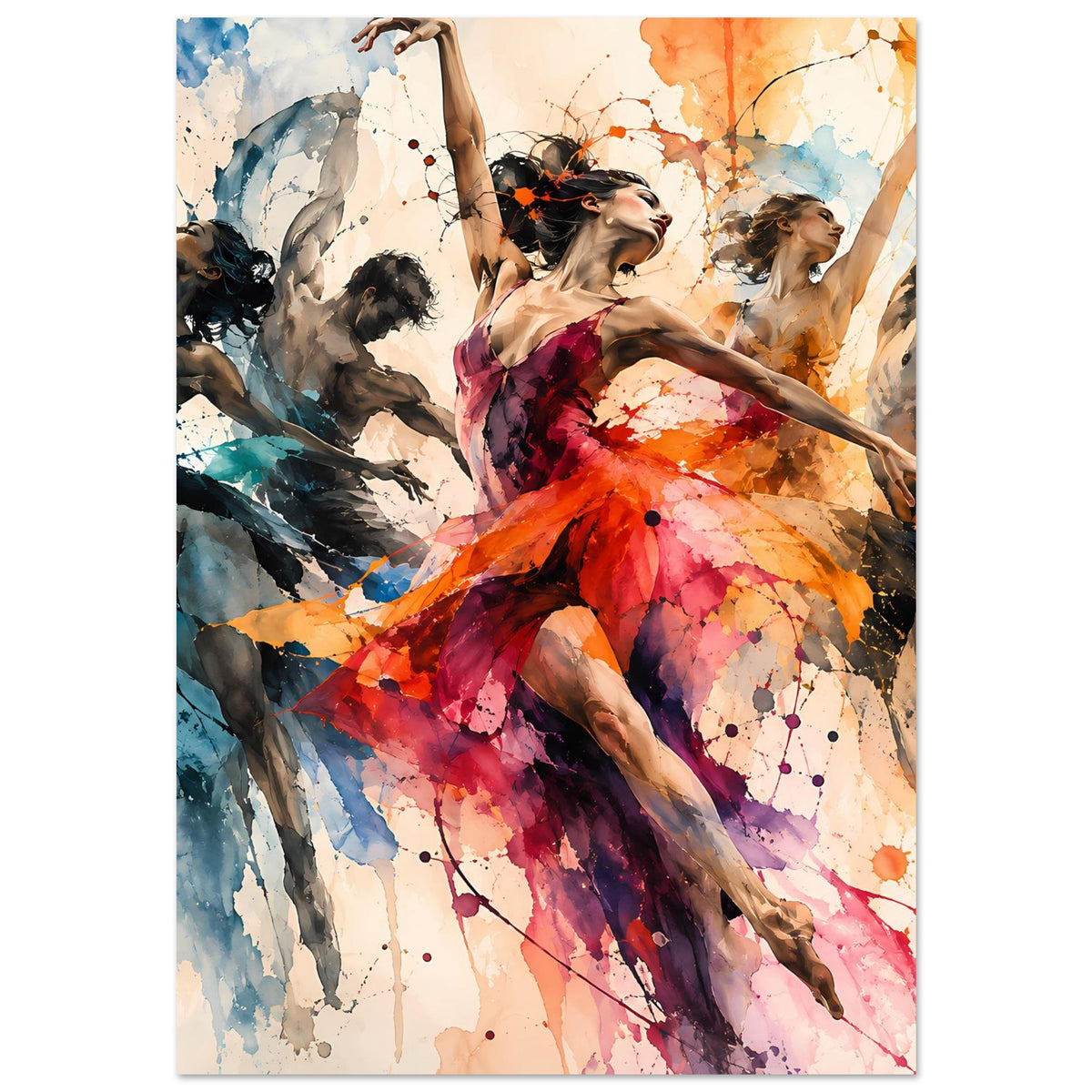 Tanzkunst-Poster mit zentraler Balletttänzerin im bunten Tutu und Flügel-Schatten