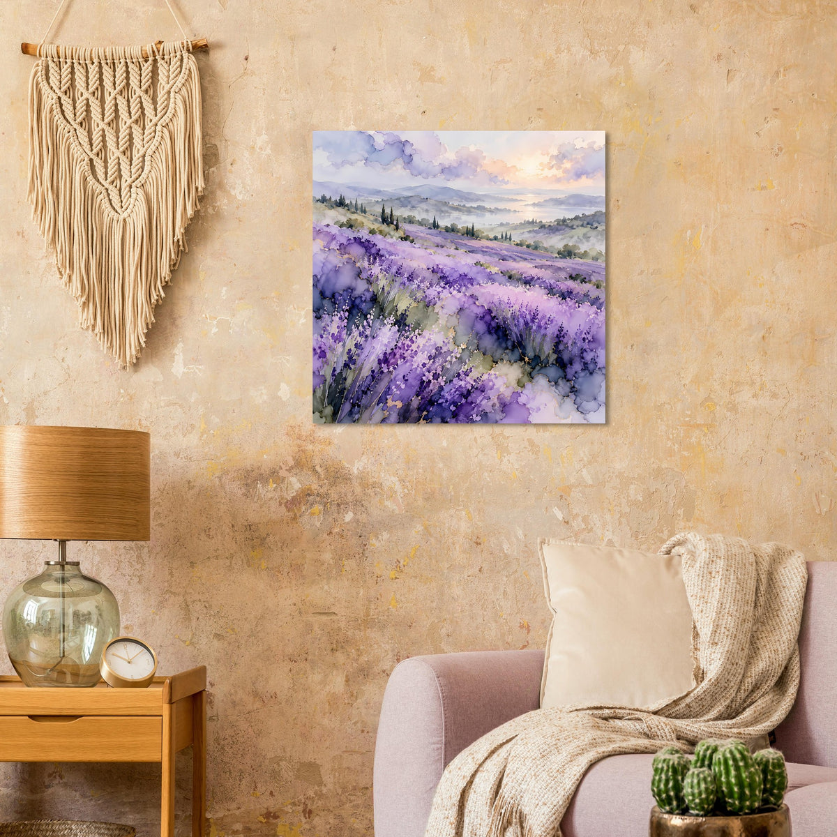 Lavendelfeld-Aquarellposter mit violetten Blütenstreifen, pastelligem Himmel und sanftem Licht