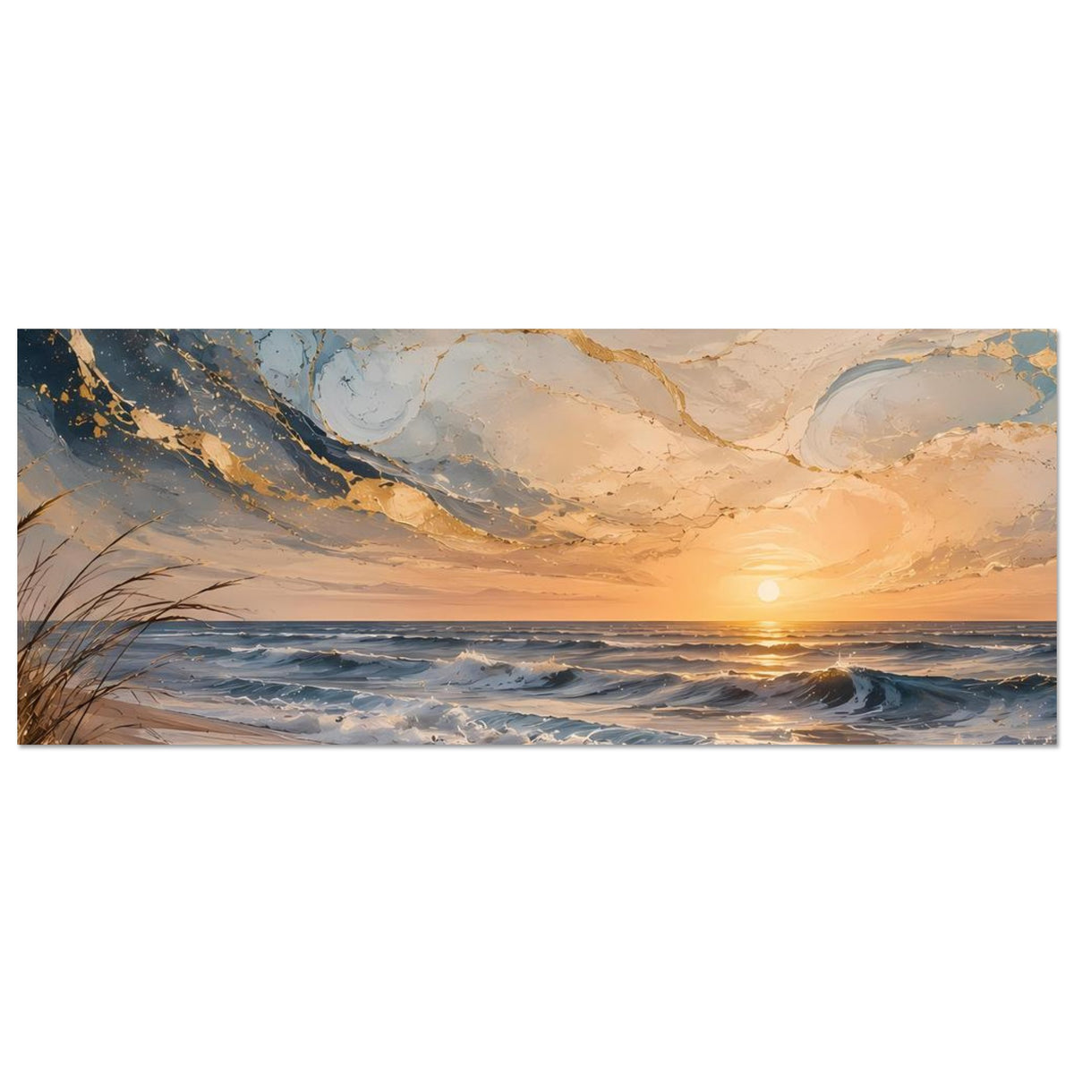 Meerstrand-Poster im Querformat: Sandküste mit Wellen, goldene Lichtspur der untergehenden Sonne