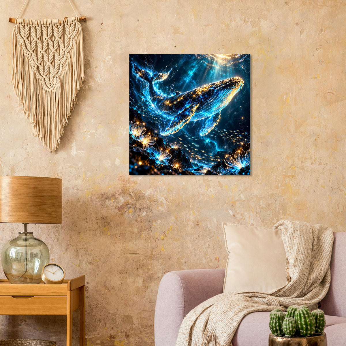 Poster mit Walmeer-Motiv, quadratisch: leuchtender blauer Wal mit goldenen Lichtpunkten