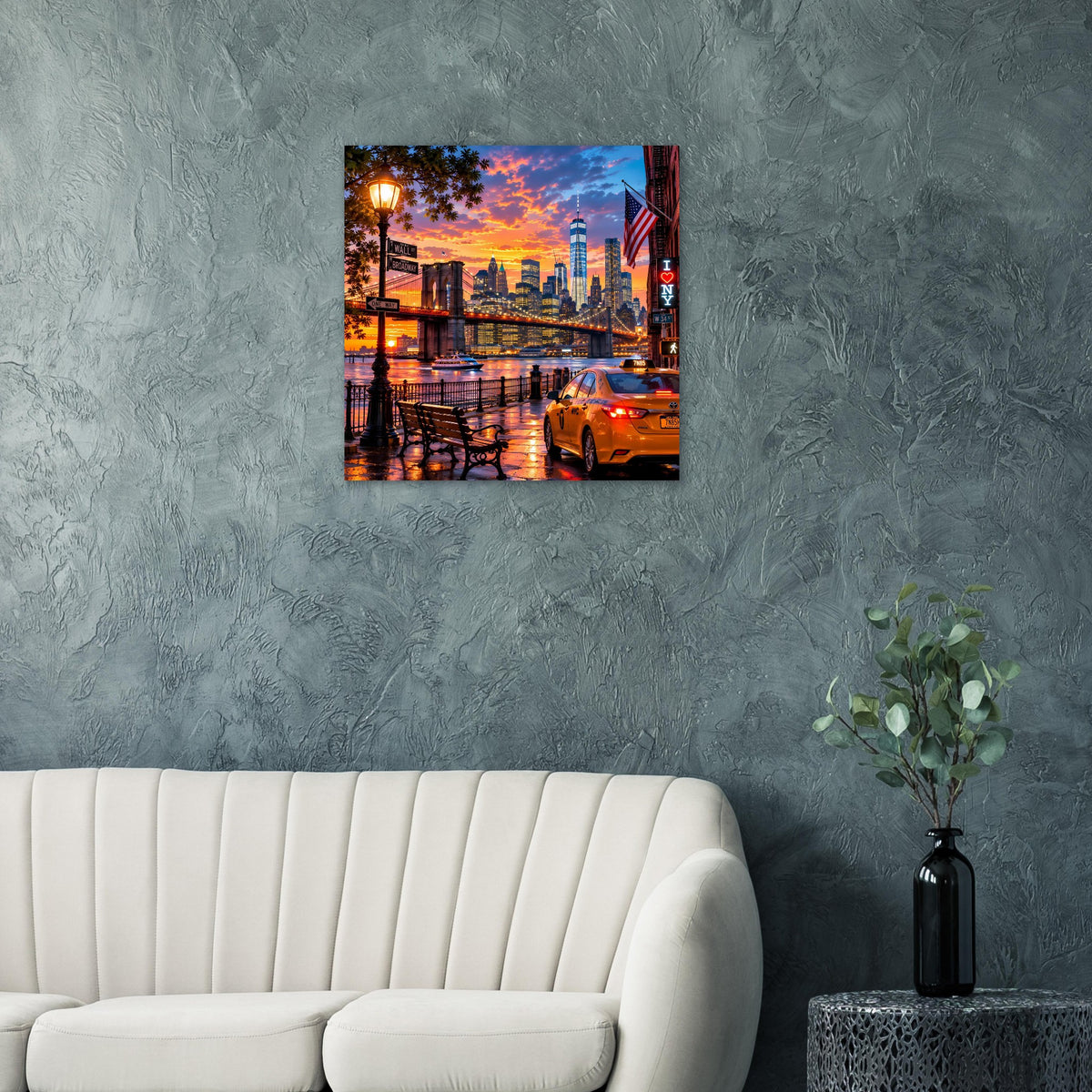 Wandposter mit New-York-City-Skyline im Sonnenuntergang, Brücke und Stadtsilhouette