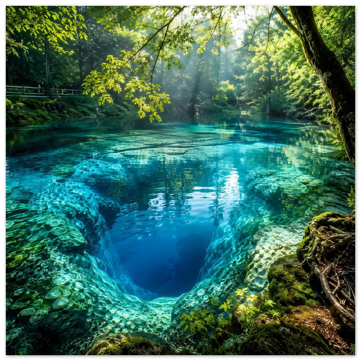 Gerahmtes Poster mit türkis schimmerndem Wasser im Wald, Felsufer und schmale Wasserlinie in der Mitte