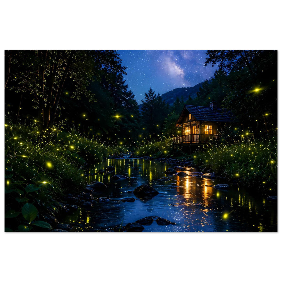 Poster mit nächtlicher Flusslandschaft, leuchtender Hütte, funkelnden Lichtpunkten und Bäumen