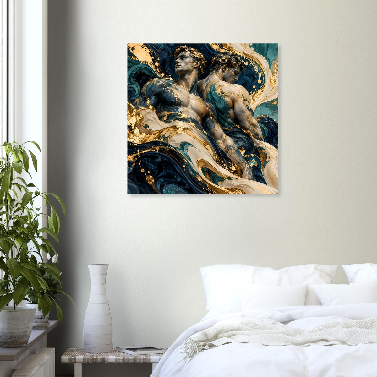 Quadratisches Kunstposter mit Engelmotiv in Blau, Gold und hellem Creme