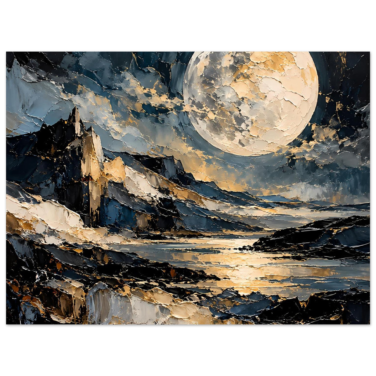 Mondschein-Poster mit goldenem Vollmond über Landschaft, strukturierte Farbverläufe