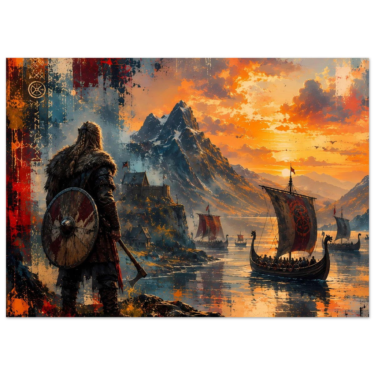 Wikinger-Poster: Krieger mit Schwert und Schild, Langboot, Berge und Sonnenuntergang