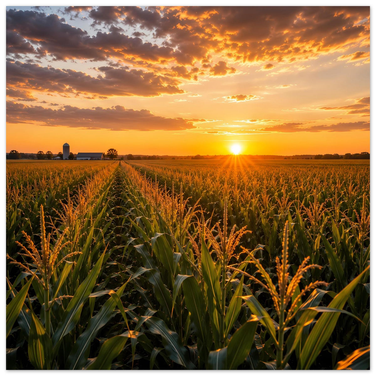 Querformat-Poster: Blick über Maisreihen zum Sonnenaufgang im goldenen Himmel
