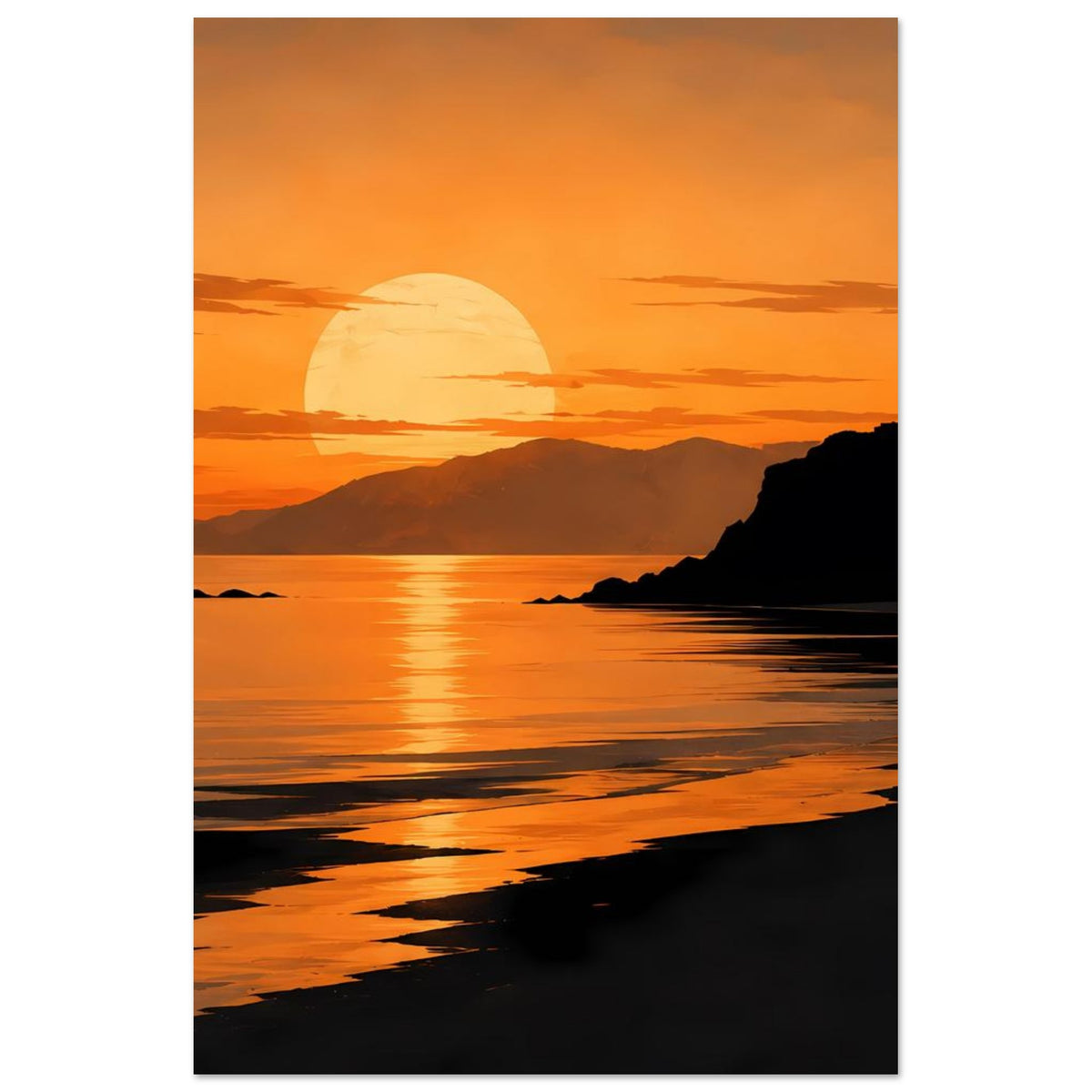 Küstenposter im Querformat mit Sonnenuntergang, Strandlinie und reflektierendem Wasser