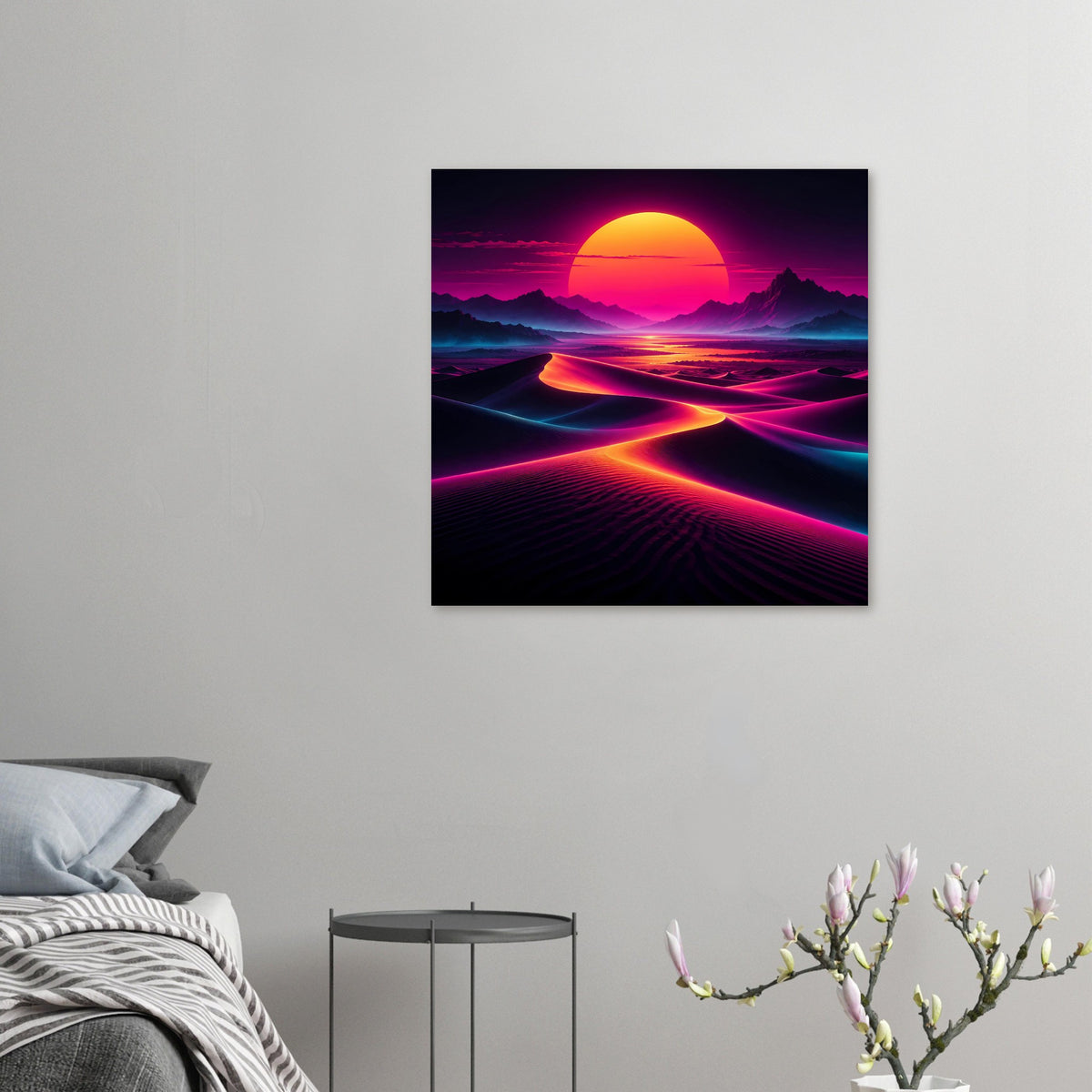 Neon-Desert-Sunset Poster im Quadratformat mit gelber Sonne und magentafarbenen Lichtlinien
