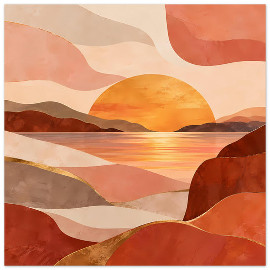Poster mit abstrakter Sonnenuntergangslandschaft: orangefarbener Sonnenball, Berge und Wasserreflexe