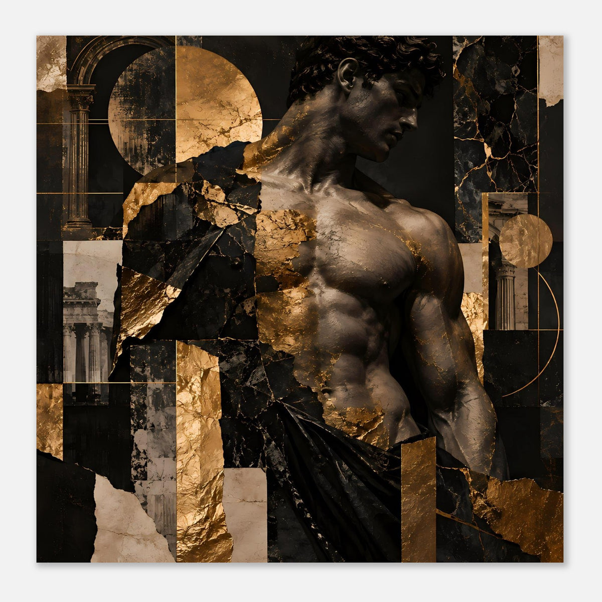 Kunstposter Nahansicht: Skulptur in Schwarz mit goldenen Stein- und Metallfragmenten
