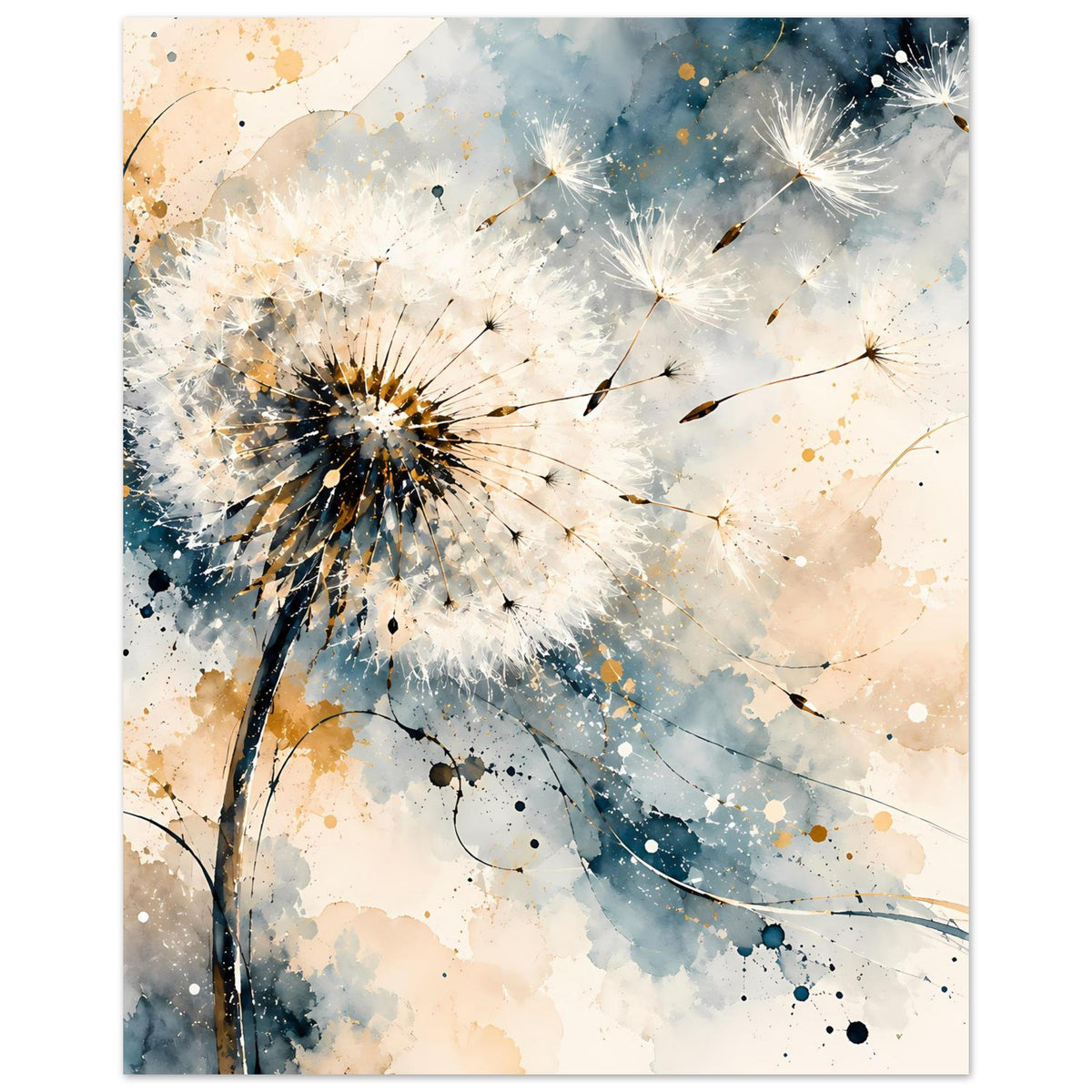Kunstposter mit Pusteblume auf abstraktem Blauweiß, goldene Farbtupfer, vertikal