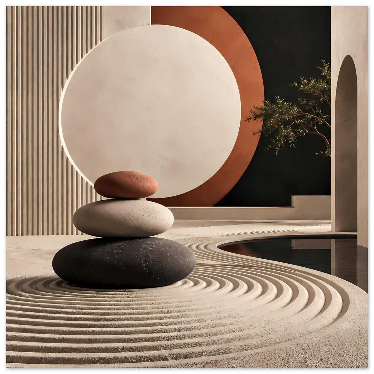 Minimalistisches Kunstposter: Zen-Komposition mit Creme-Kreis, Terrakotta-Bogen und Steinsäule