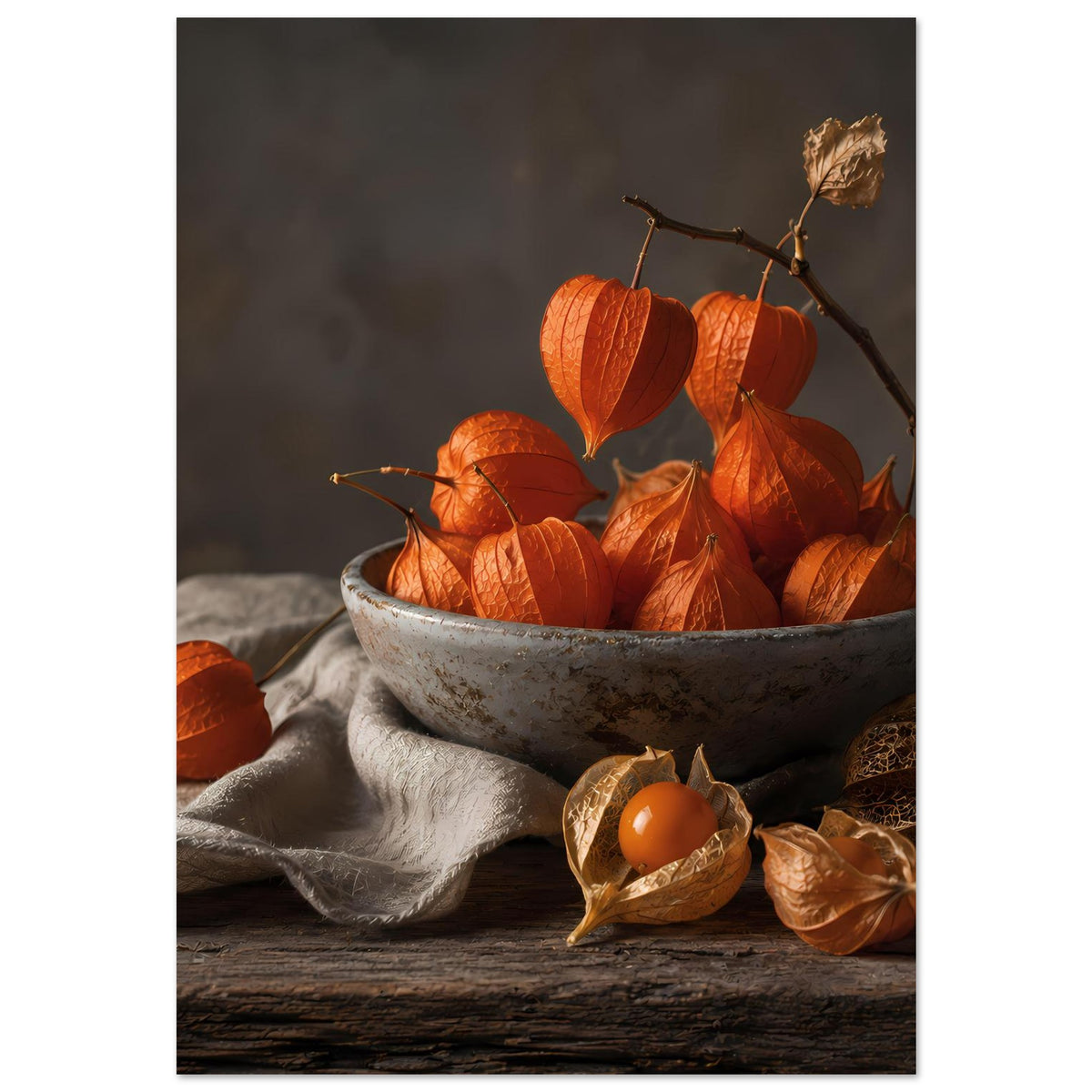 Herbst-Poster mit orangefarbenen Blättern in Schale, Tuch darunter, Samenkapsel vorn